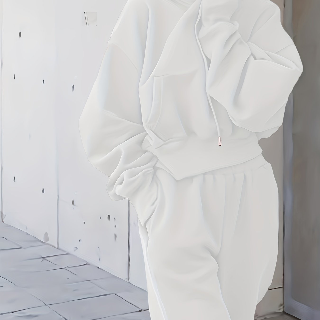 vlovelaw 2pcs Athleisure Set, Oversized Solid Hooded Pocket Drawstring Sweatshirts & Sweatpants Sets, Women's Clothing