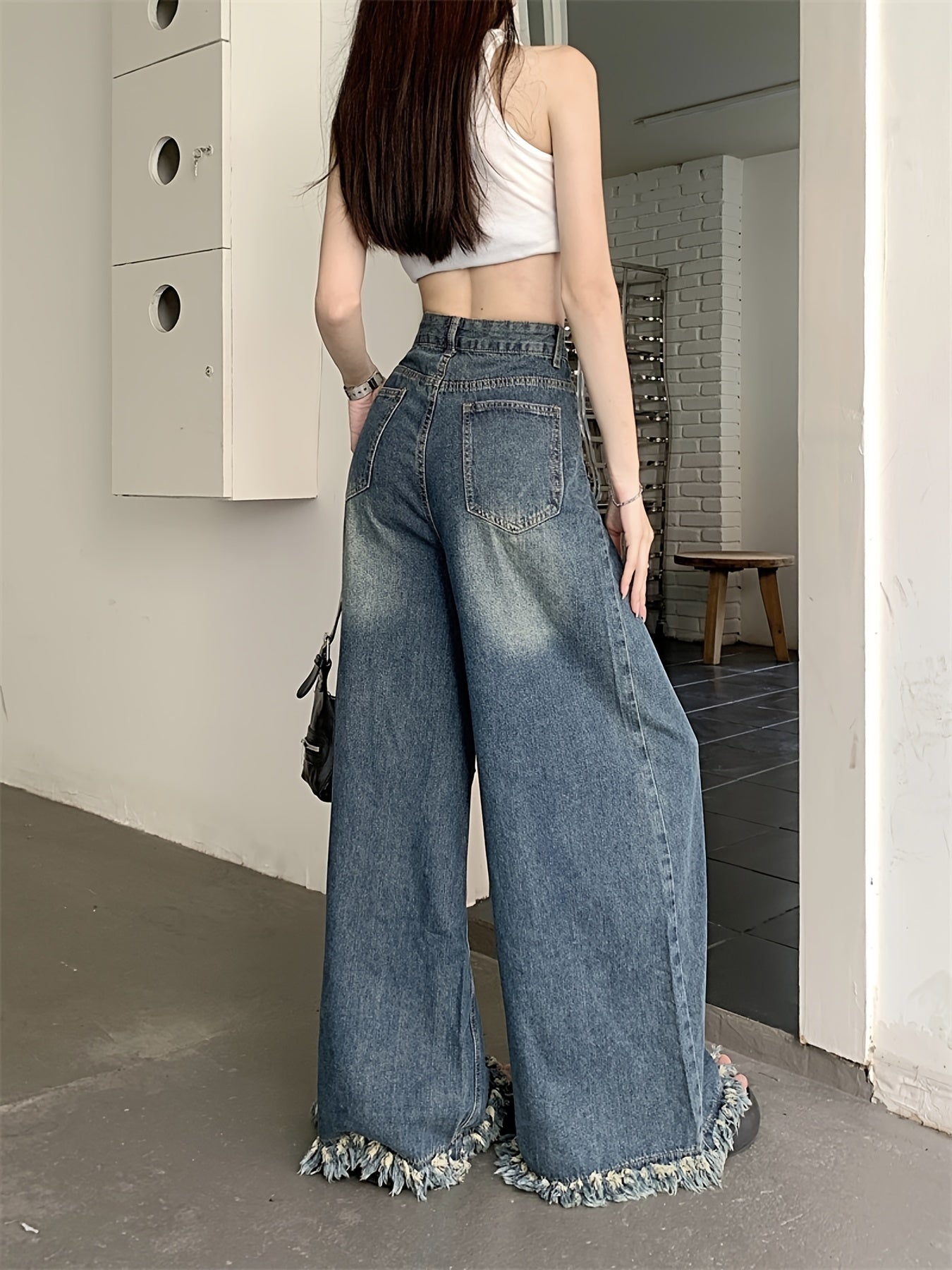Frayed Hem Washed Baggy Jeans, High Waist Loose Fit Retro Style Wide Legs Jeans, Women's Denim Jeans & Clothing