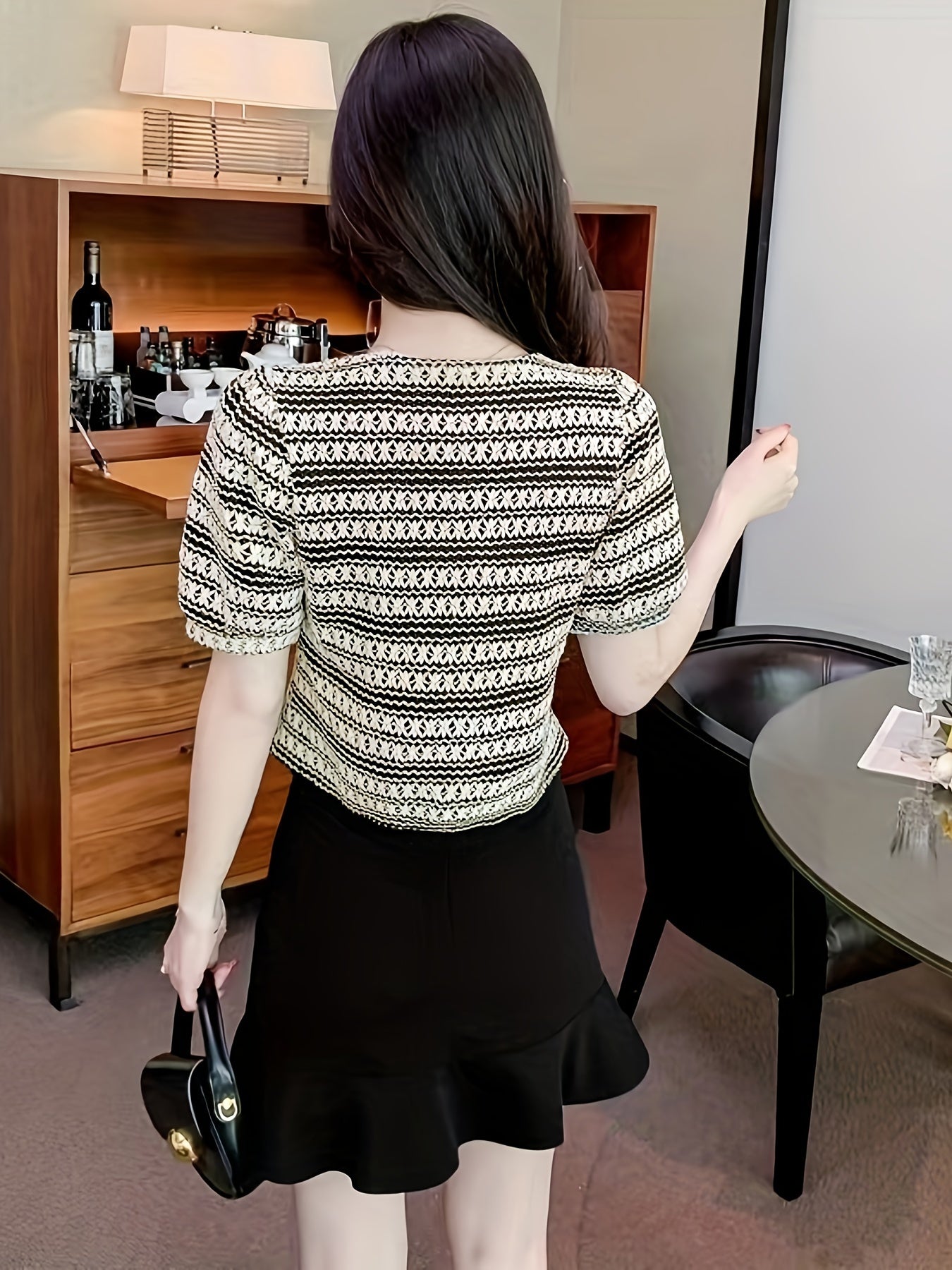 vlovelaw Striped Pattern Button Decor Blouse, Versatile Square Neck Short Sleeve Blouse For Spring & Summer, Women's Clothing