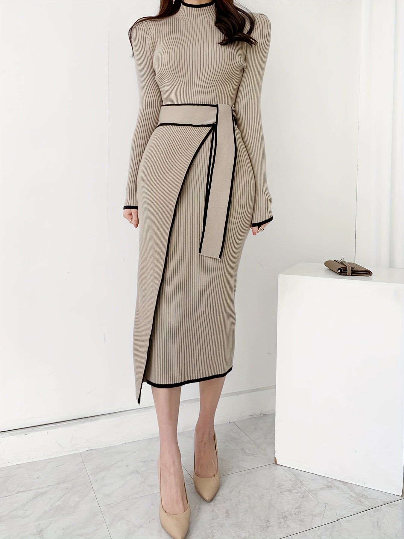 vlovelaw Contrast Trim Ribbed Dress, Elegant Mock Neck Long Sleeve Midi Dress, Women's Clothing