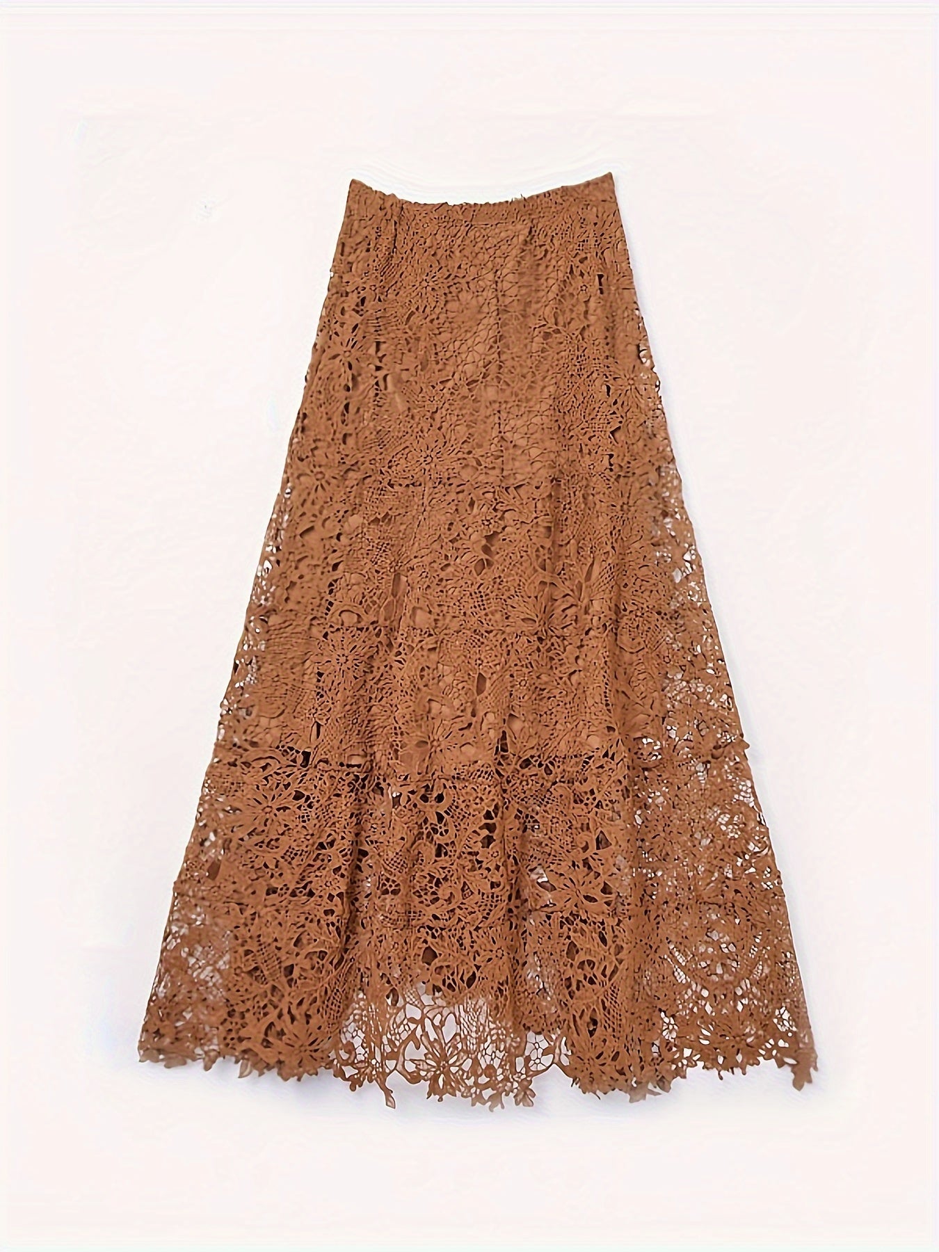 vlovelaw Solid Color Contrast Lace Skirt, Casual Cut Out Loose Long Skirt For Every Day, Women's Clothing