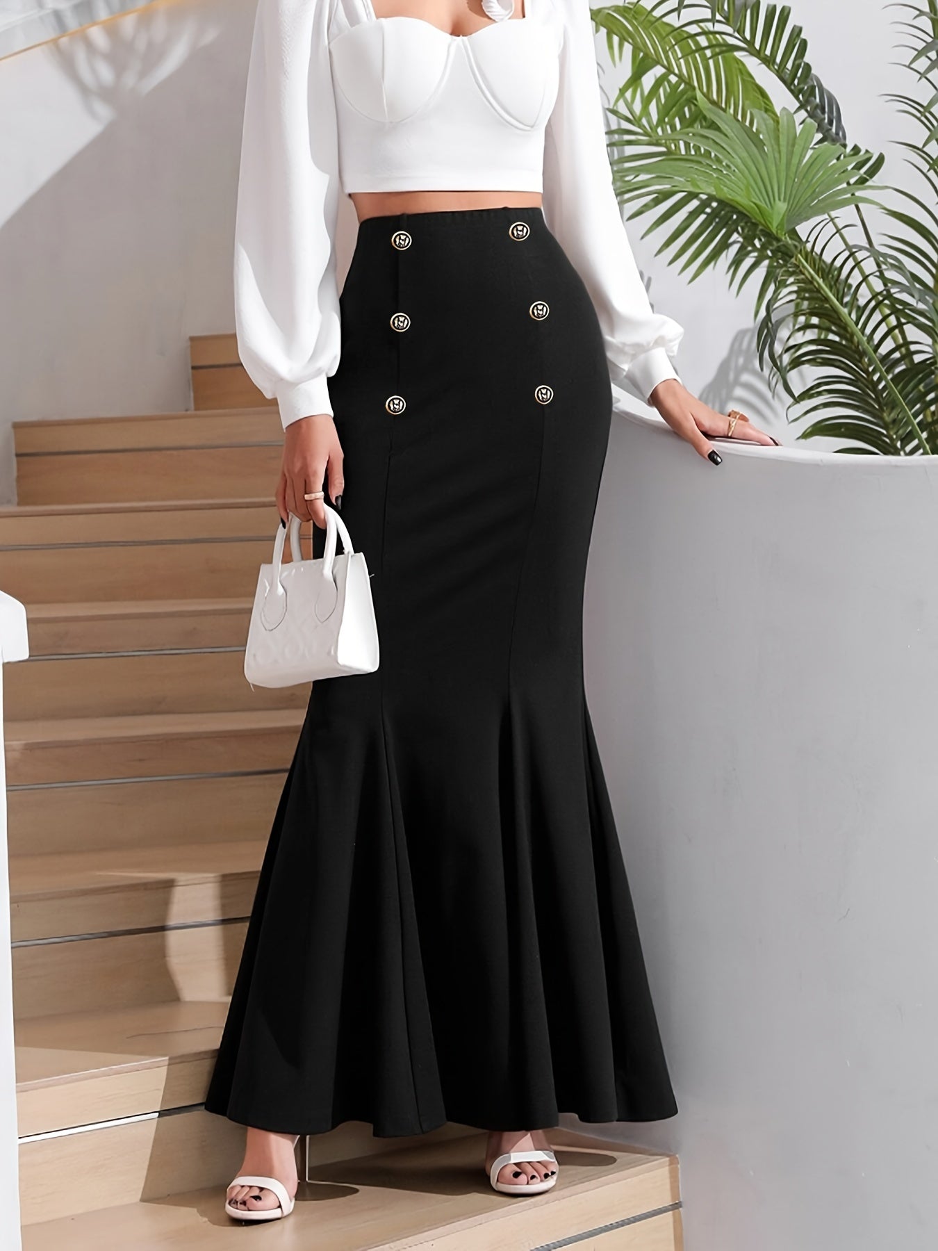 vlovelaw Solid Double Breasted Mermaid Skirt, Elegant Bodycon Ruffle Hem Skirt For Spring & Fall, Women's Clothing