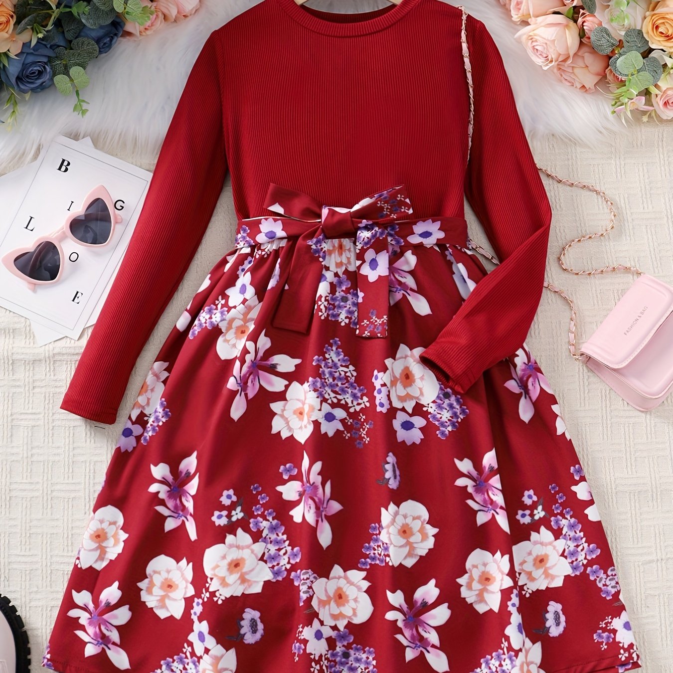 vlovelaw Girls Long Sleeves Round Neck Flowers Splicing Belted Dress For Party Kids Spring Clothes