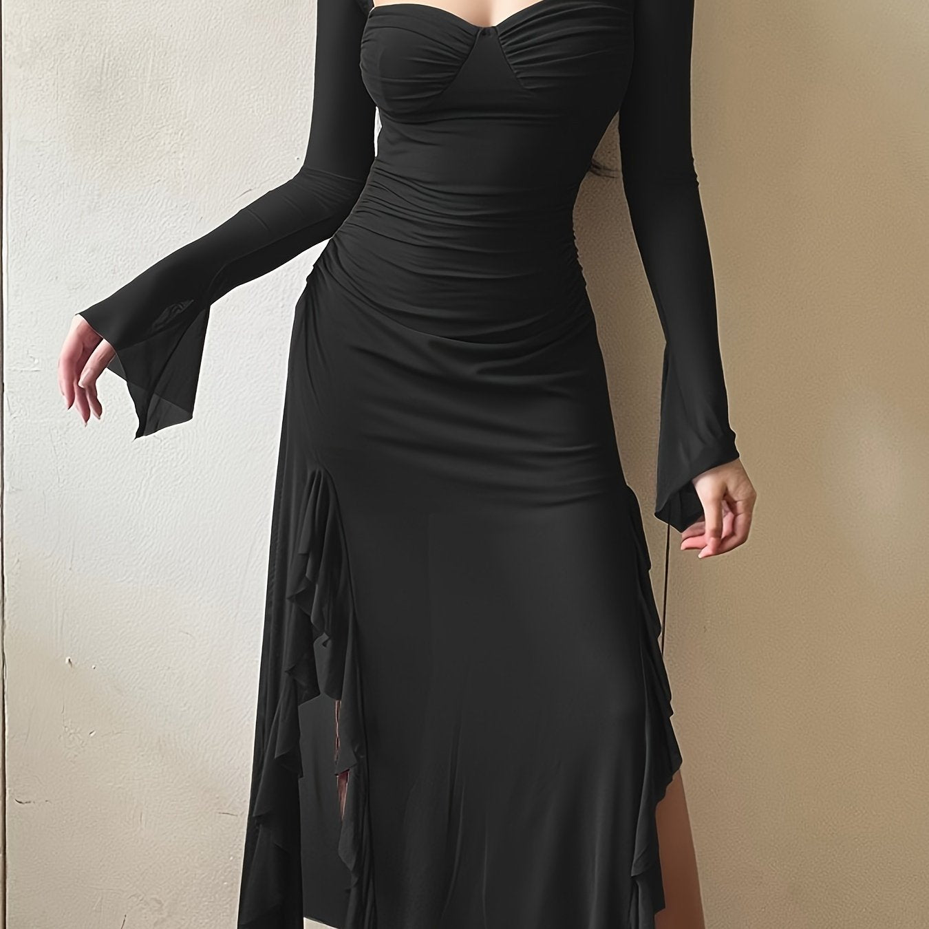 vlovelaw Solid Ruffle Trim Split Asymmetrical Dress, Elegant Flare Sleeve Mesh Ruched Dress, Women's Clothing