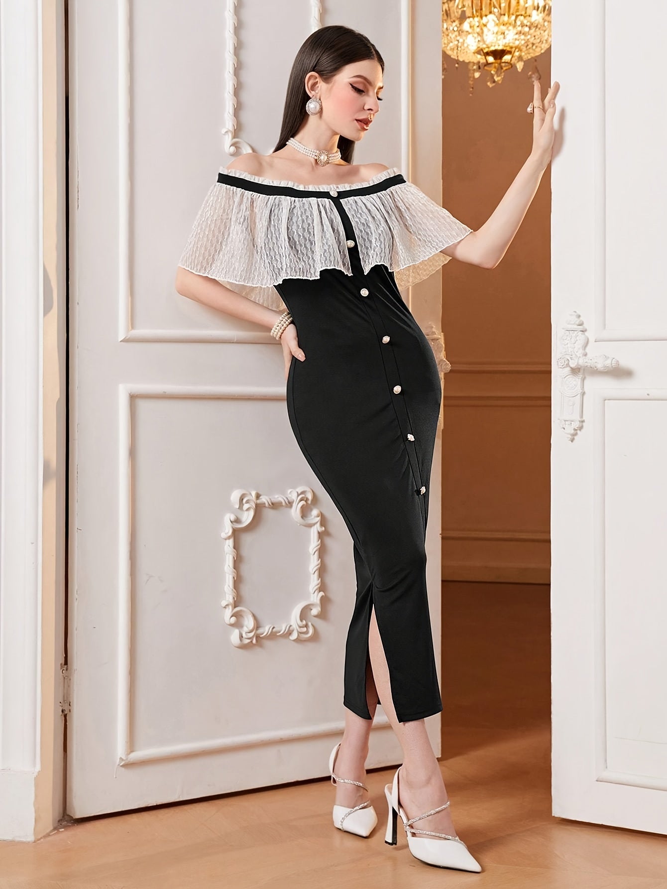 vlovelaw Off-shoulder Lace Cape Dress, Chic Split Hem Slim Dress For Spring & Summer, Women's Clothing