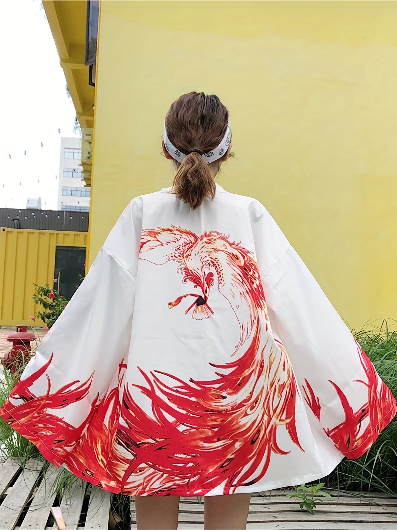 vlovelaw Phoenix Print Open Front Kimono, Casual Long Sleeve Coat For Spring & Summer, Women's Clothing