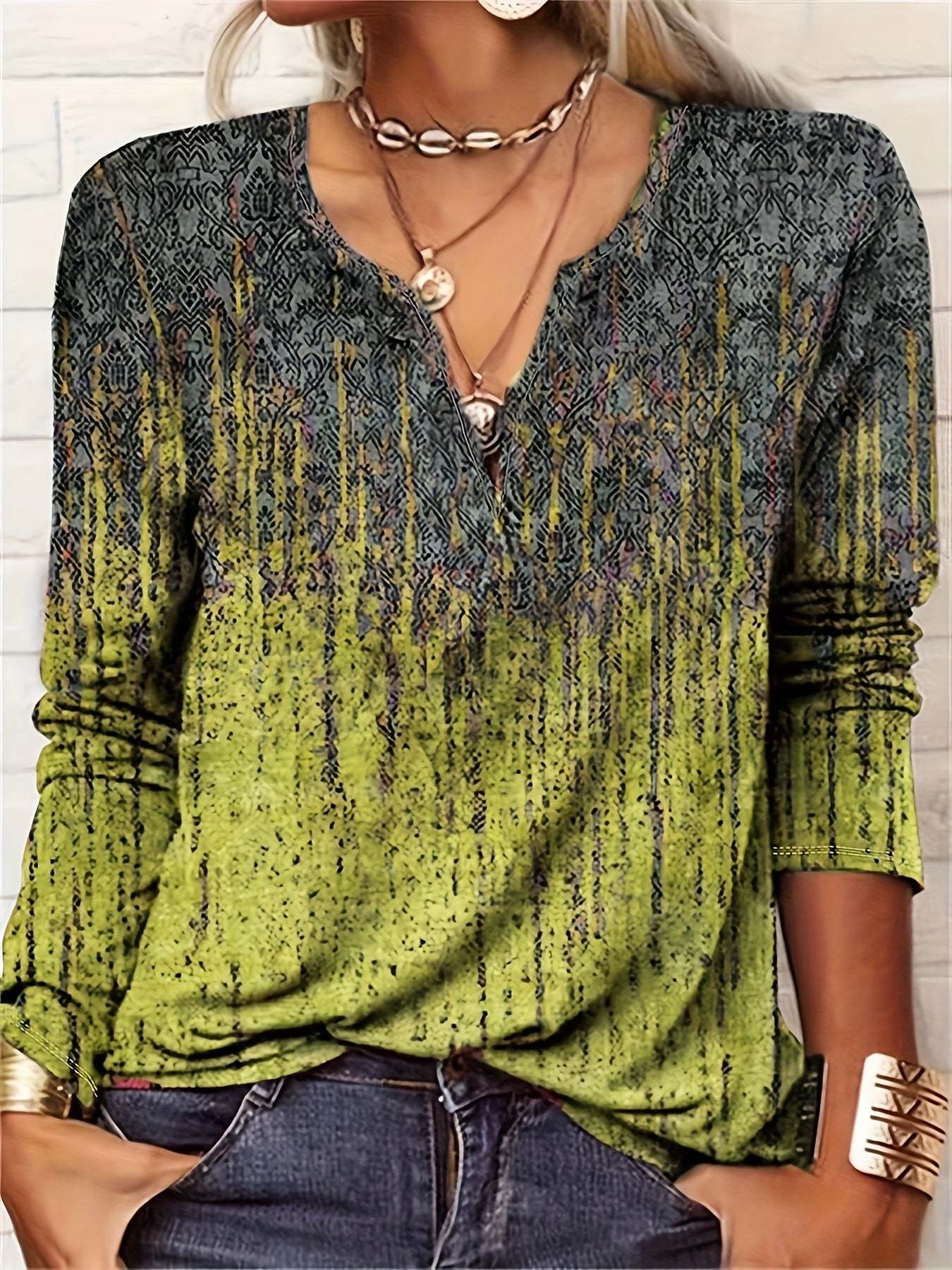 Plus Size Casual Top, Women's Plus Ombre Geometric Print Long Sleeve Notched Neck Slight Stretch Henley T-shirt