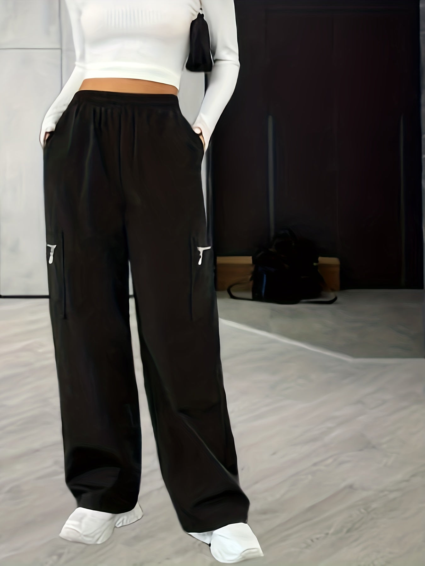 Solid Color Wide Leg Cargo Pants, Casual Loose Pocket Pants For Spring & Summer, Women's Clothing