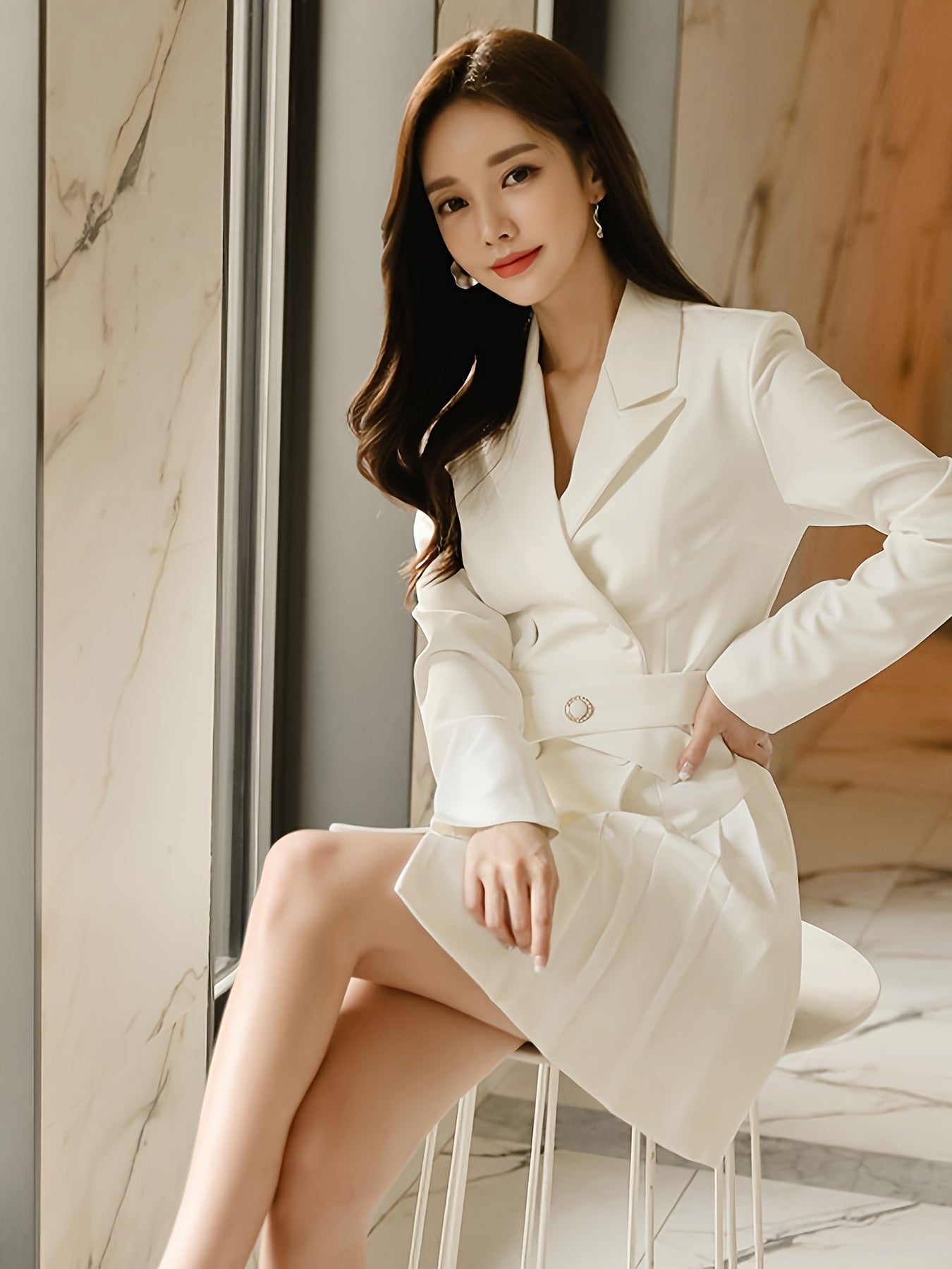 vlovelaw Double Breasted Pleated Blazer, Elegant Solid Long Sleeve Mid Length Outerwear, Women's Clothing