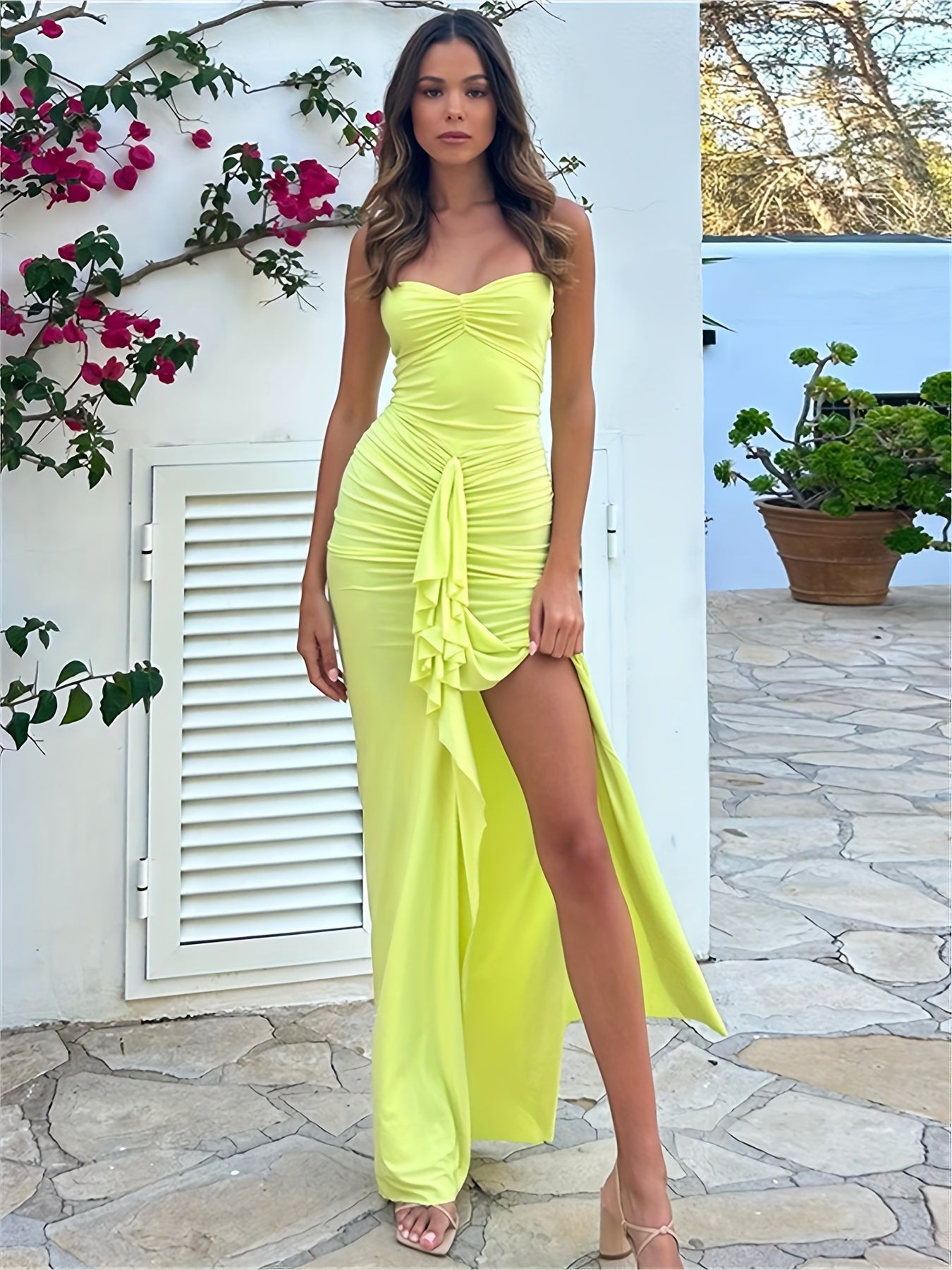 Ruched Asymmetrical Strapless Dress, Elegant Sleeveless Dress For Party & Banquet, Women's Clothing