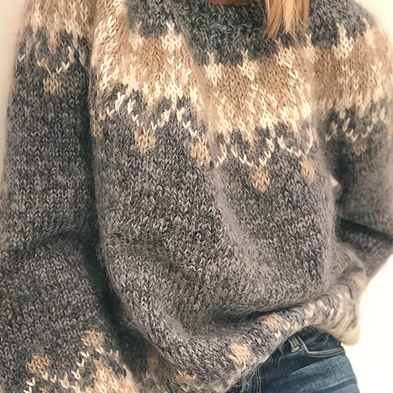 Color Block Mohair Chunky Knit Pullover Sweater, Casual Long Sleeve Raglan Shoulder Sweater For Fall & Winter, Women's Clothing