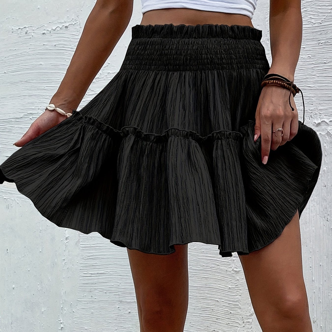 vlovelaw Textured Ruffle Hem Skirt, Casual Smocked Waist Skirt For Spring & Summer, Women's Clothing