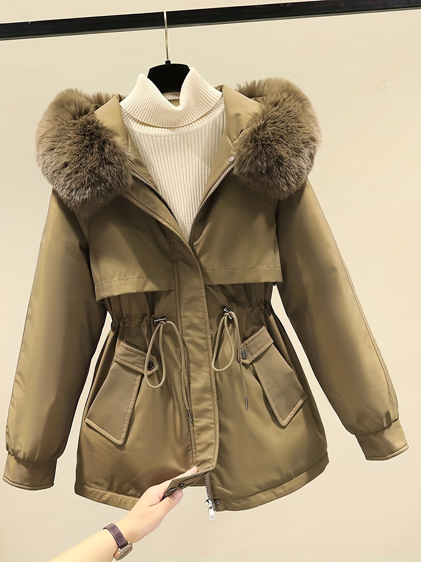 Women's Winter Parka - Casual Long Sleeve, Faux Fur Hooded Coat with Drawstring Waist & Plush Lining for Warmth