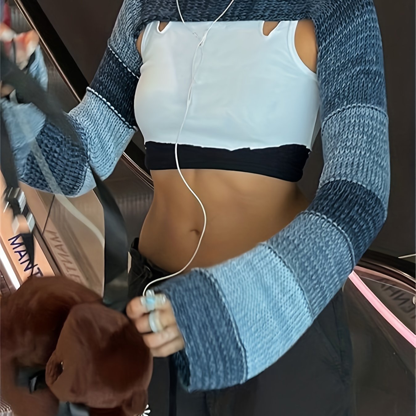 vlovelaw vlovelaw Y2K Color Block Knit Sweater, Sexy Cropped Long Sleeve Summer Sweater, Women's Clothing