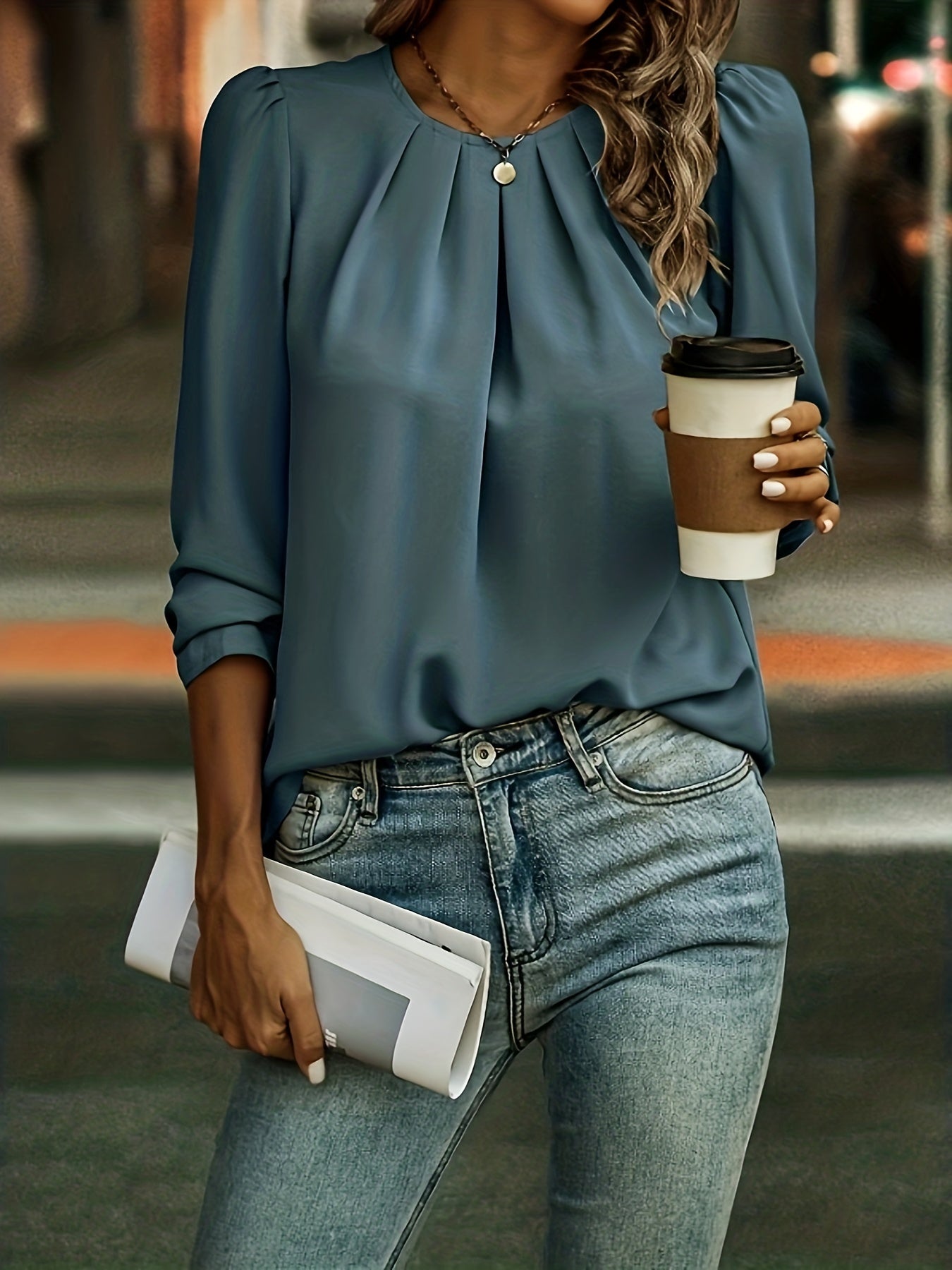 vlovelaw Ruched Solid Blouse, Casual Crew Neck Keyhole Long Sleeve Blouse, Women's Clothing