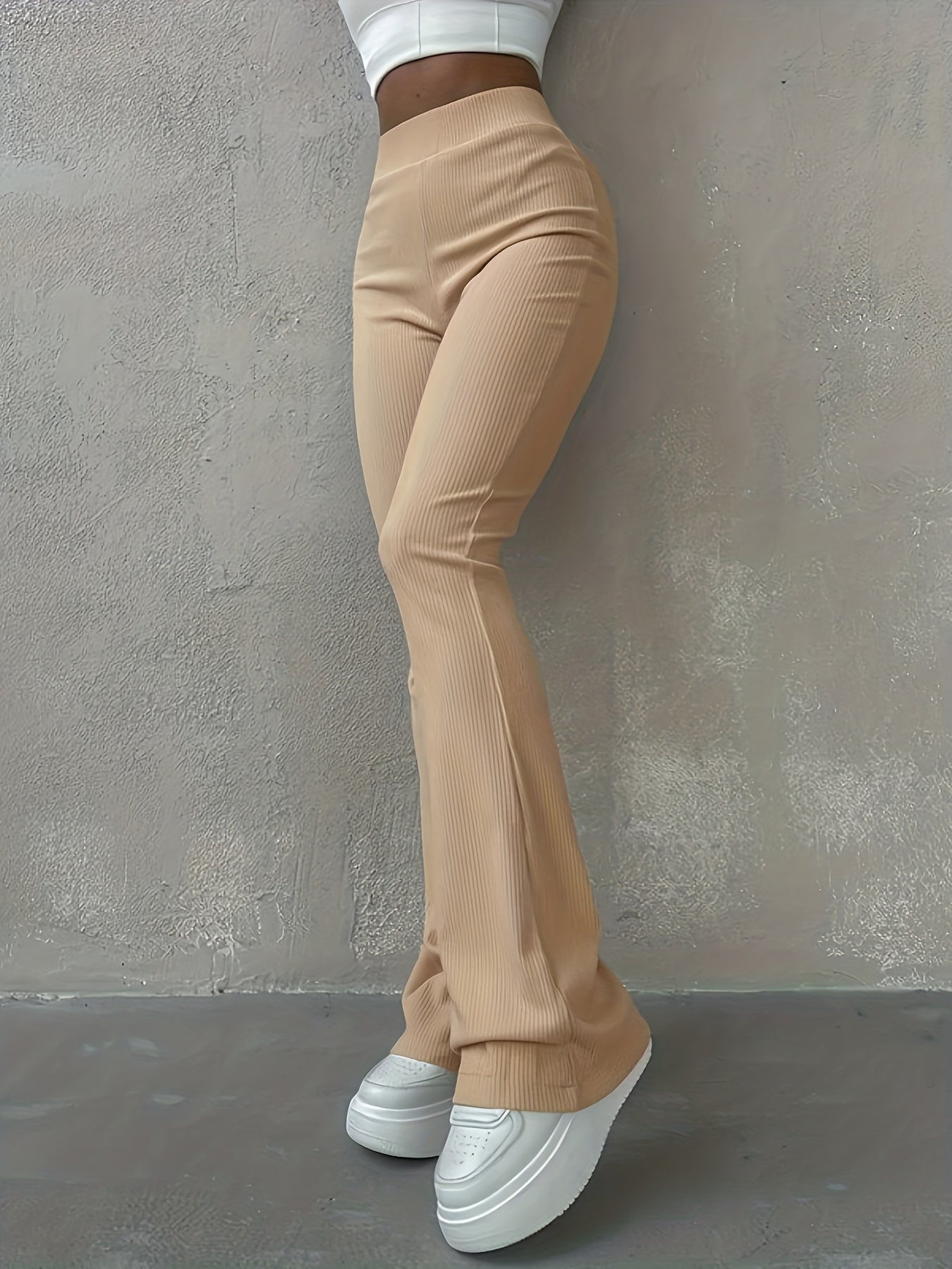 Solid Ribbed Flare Leg Pants, High Waist Slim Elastic Pants, Women's Clothing