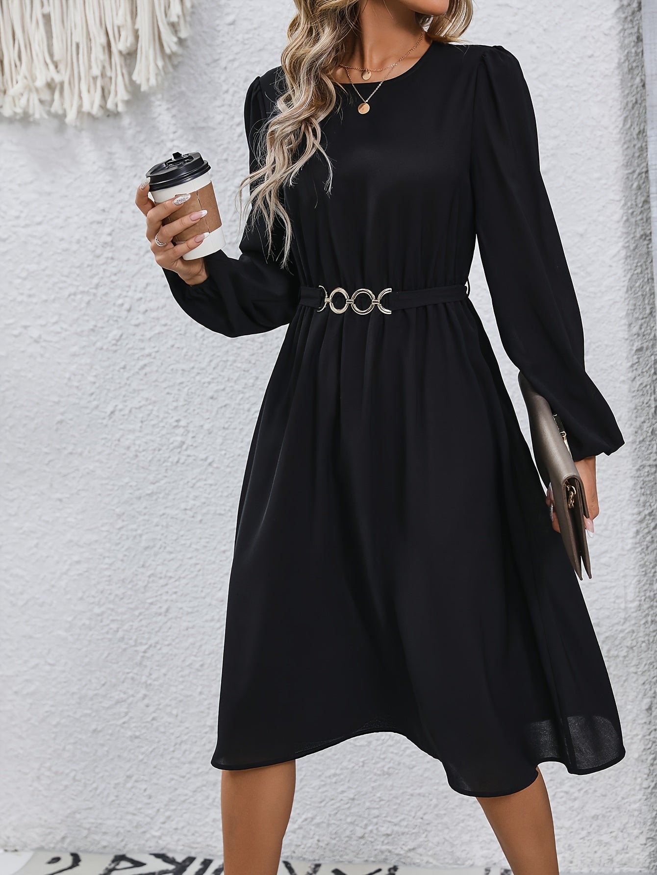 vlovelaw Solid Color Tie Back Dress, Elegant Chain Belt Crew Neck Long Sleeve Dress For Spring & Fall, Women's Clothing