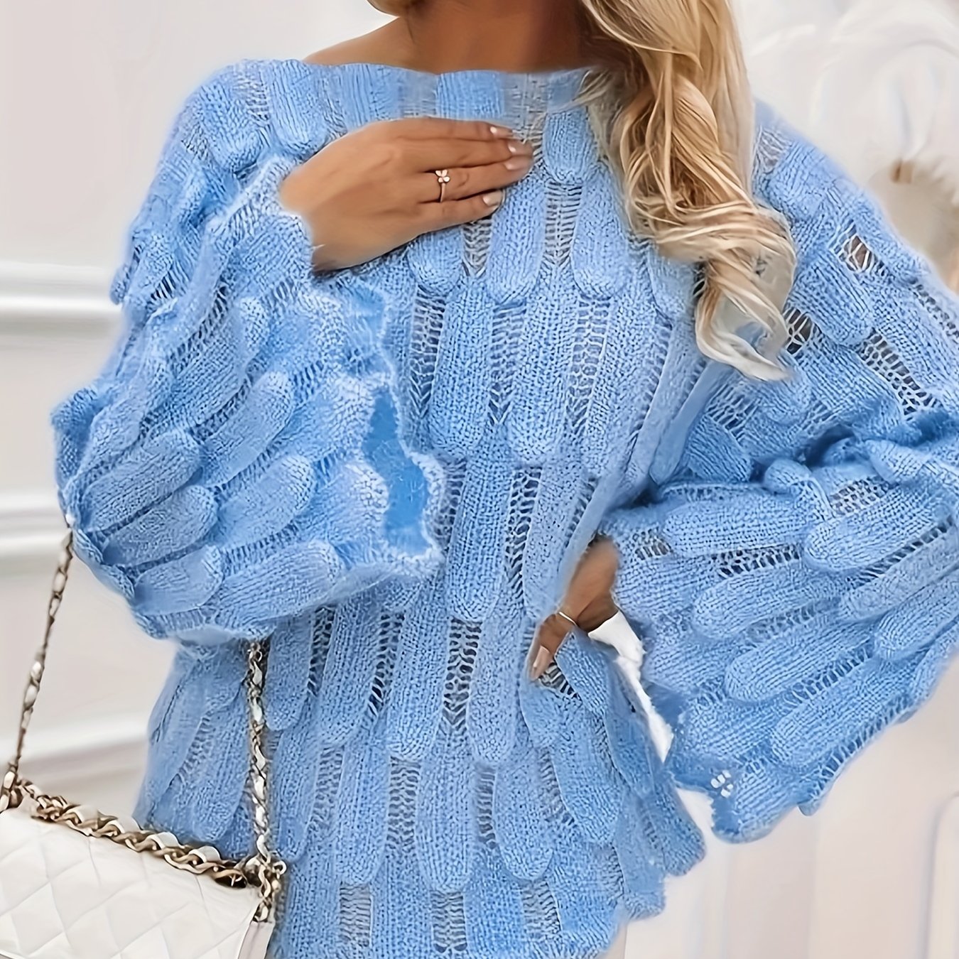 vlovelaw Solid Cut Out Knitted Pullover Sweater, Elegant Flared Sleeve Sweater, Women's Clothing