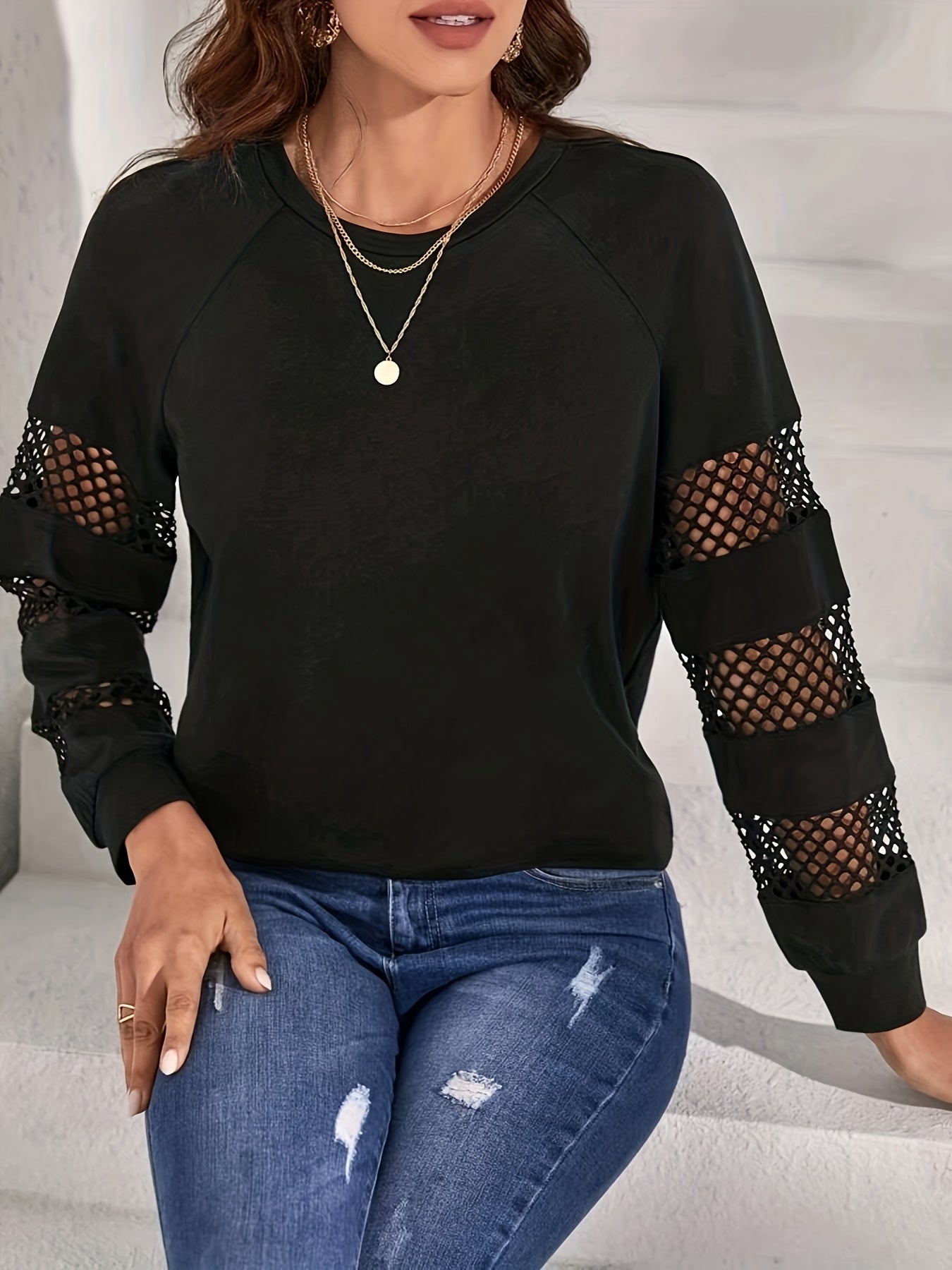 vlovelaw Cutout Crew Neck T-Shirt, Casual Long Sleeve Top For Spring & Fall, Women's Clothing