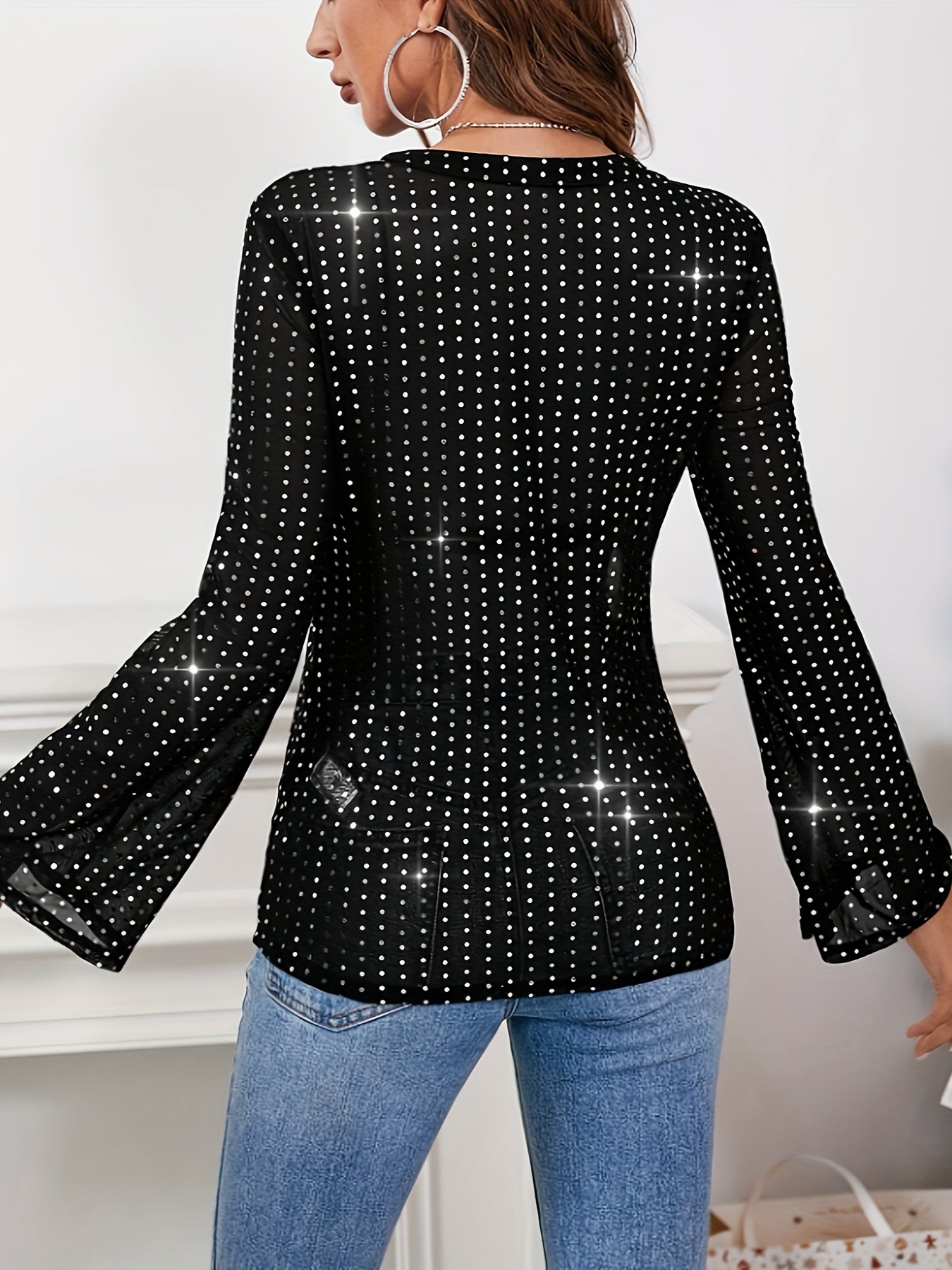 vlovelaw Polka Dots Print V Neck T-Shirt, Casual Long Sleeve Contrast Sequin Eyelet Button Front T-Shirt For Every Day, Women's Clothing