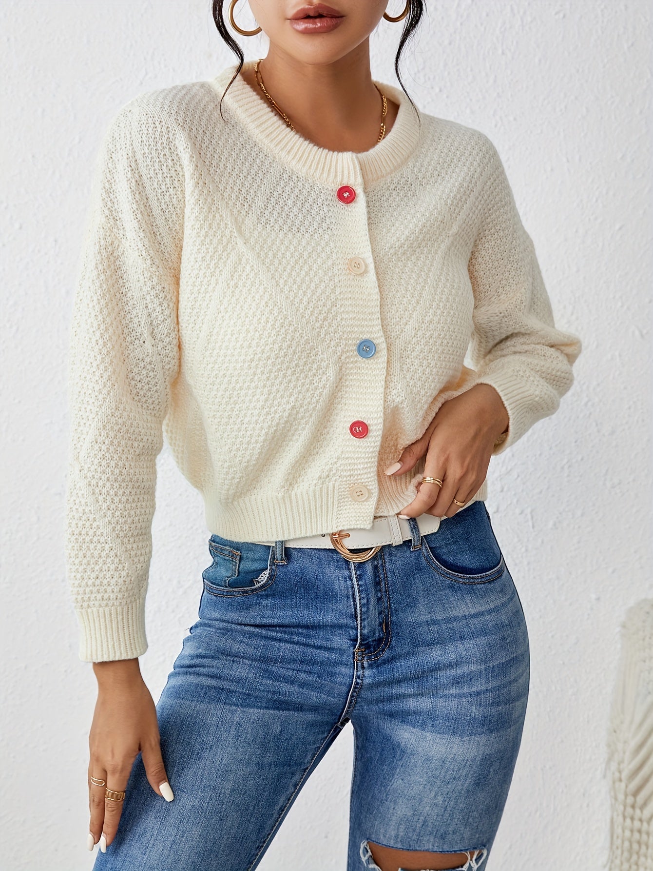 vlovelaw Solid Button Down Knit Cardigan, Elegant Crew Neck Long Sleeve Sweater, Women's Clothing