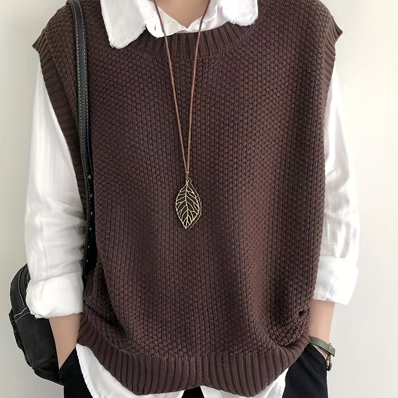 vlovelaw vlovelaw Solid Crew Neck Sweater Vest, Casual Sleeveless Vest For Spring & Fall, Women's Clothing