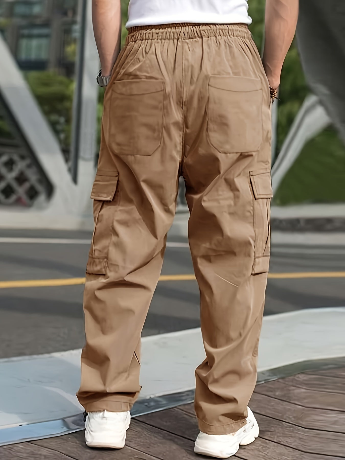 vlovelaw Trendy Solid Cargo Pants, Men's Multi Flap Pocket Trousers, Loose Casual Outdoor Pants, Men's Work Pants Outdoors Streetwear Hip Hop Style