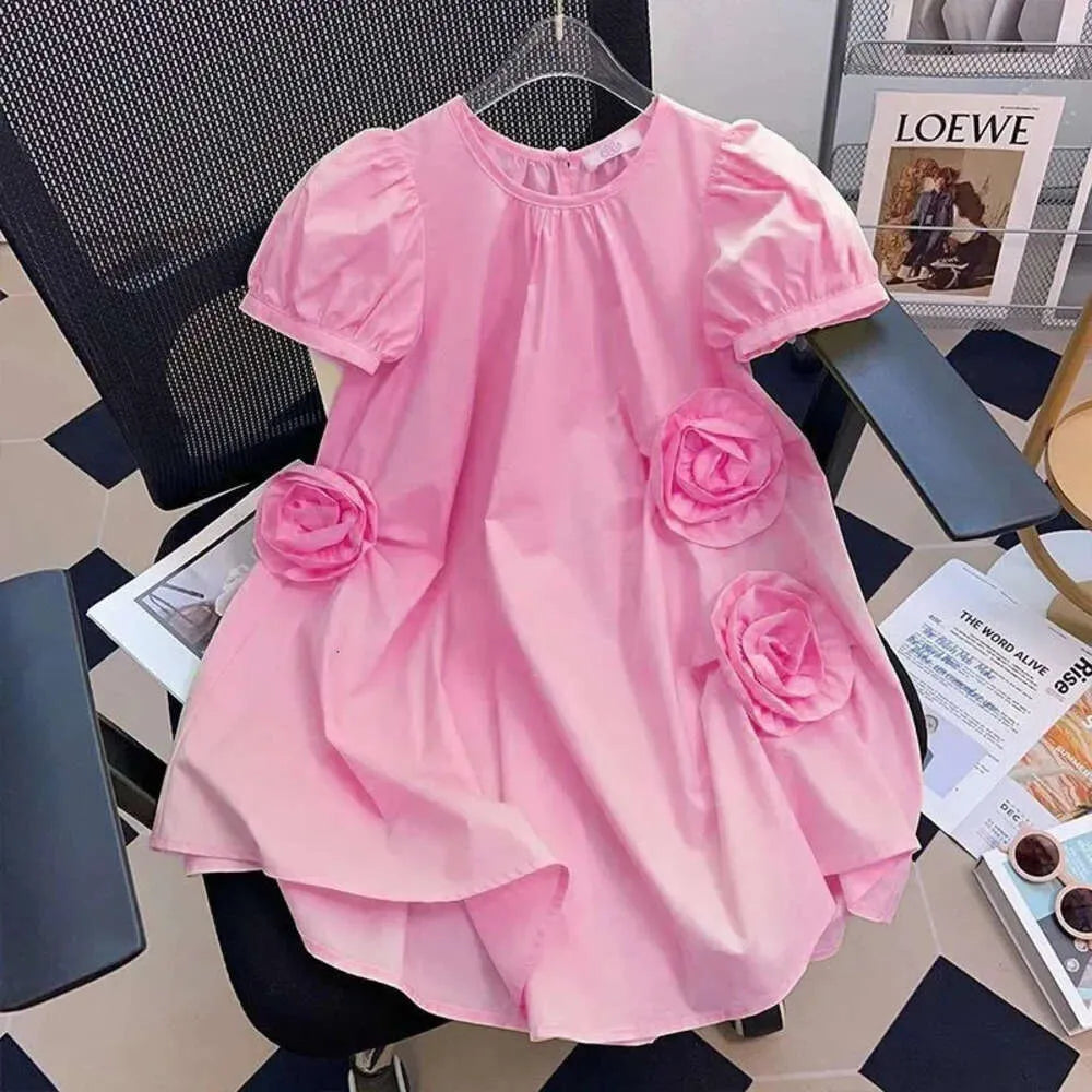2-14 Years Summer Teen-agers Girls Solid Color Flower Decoration Party Dress For Kids Children Birthday Present L2405