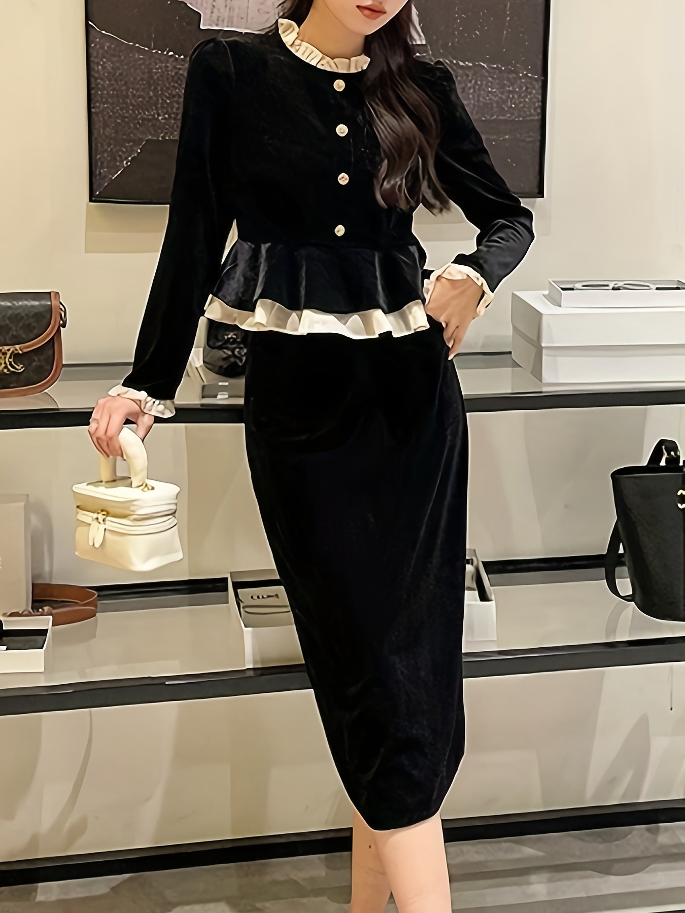 vlovelaw Elegant Velvet Two-piece Skirt Set, Contrast Trim Ruffle Trim Single Breasted Outwear & Solid Midi Skirt Outfits, Women's Clothing