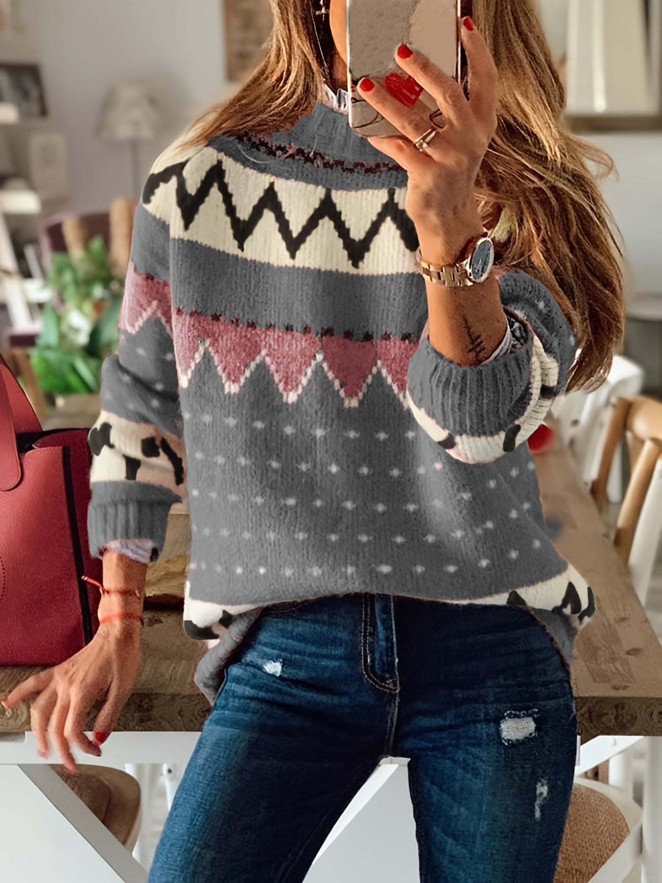 vlovelaw Graphic Pattern Mock Neck Sweater, Casual Long Sleeve Sweater For Fall & Winter, Women's Clothing