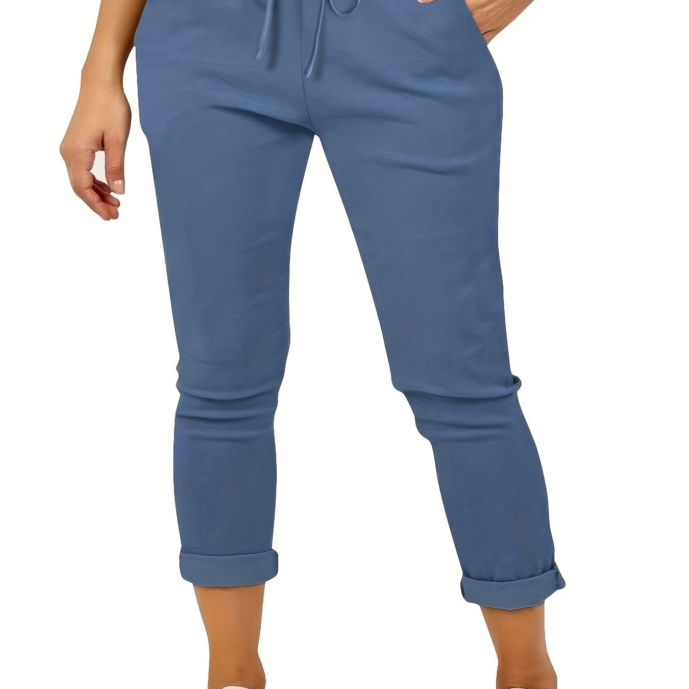 vlovelaw Plus Size Casual Pants, Women's Plus Solid Drawstring Roll Up Hem Slight Stretch Pants