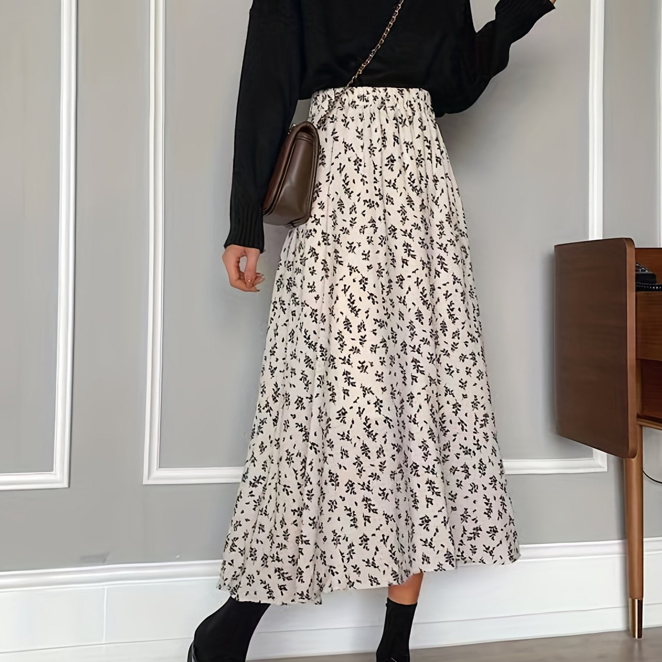 Ditsy Floral Print High Waist Skirt, Elegant Midi Skirt For Spring & Symmer, Women's Clothing