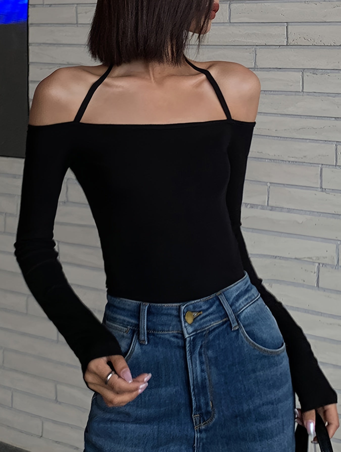 Halter Neck Solid T-Shirt, Casual Long Sleeve Top For Spring, Women's Clothing