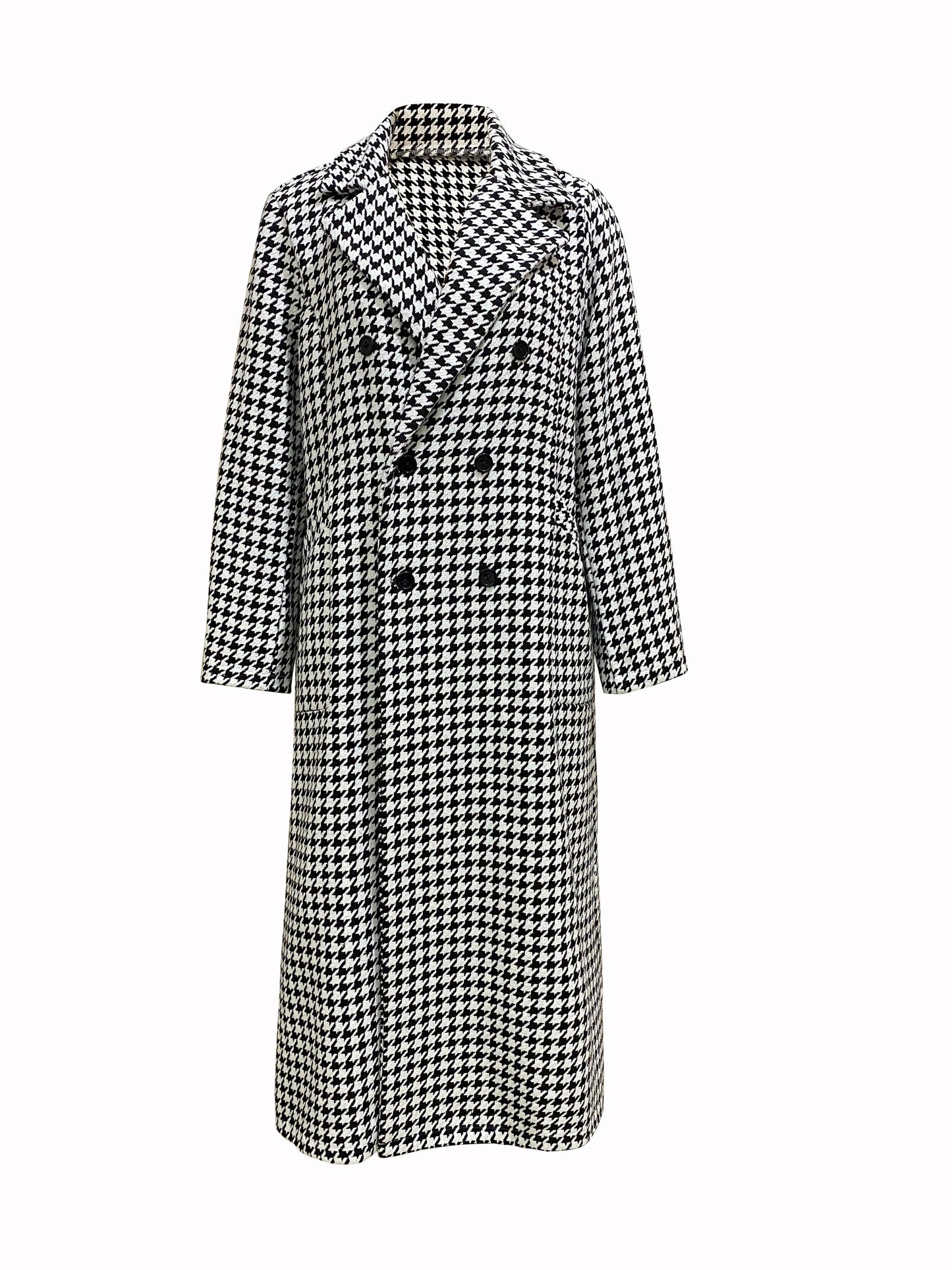 Houndstooth Print Pea Coat, Elegant Double Breasted Long Sleeve Outerwear, Women's Clothing