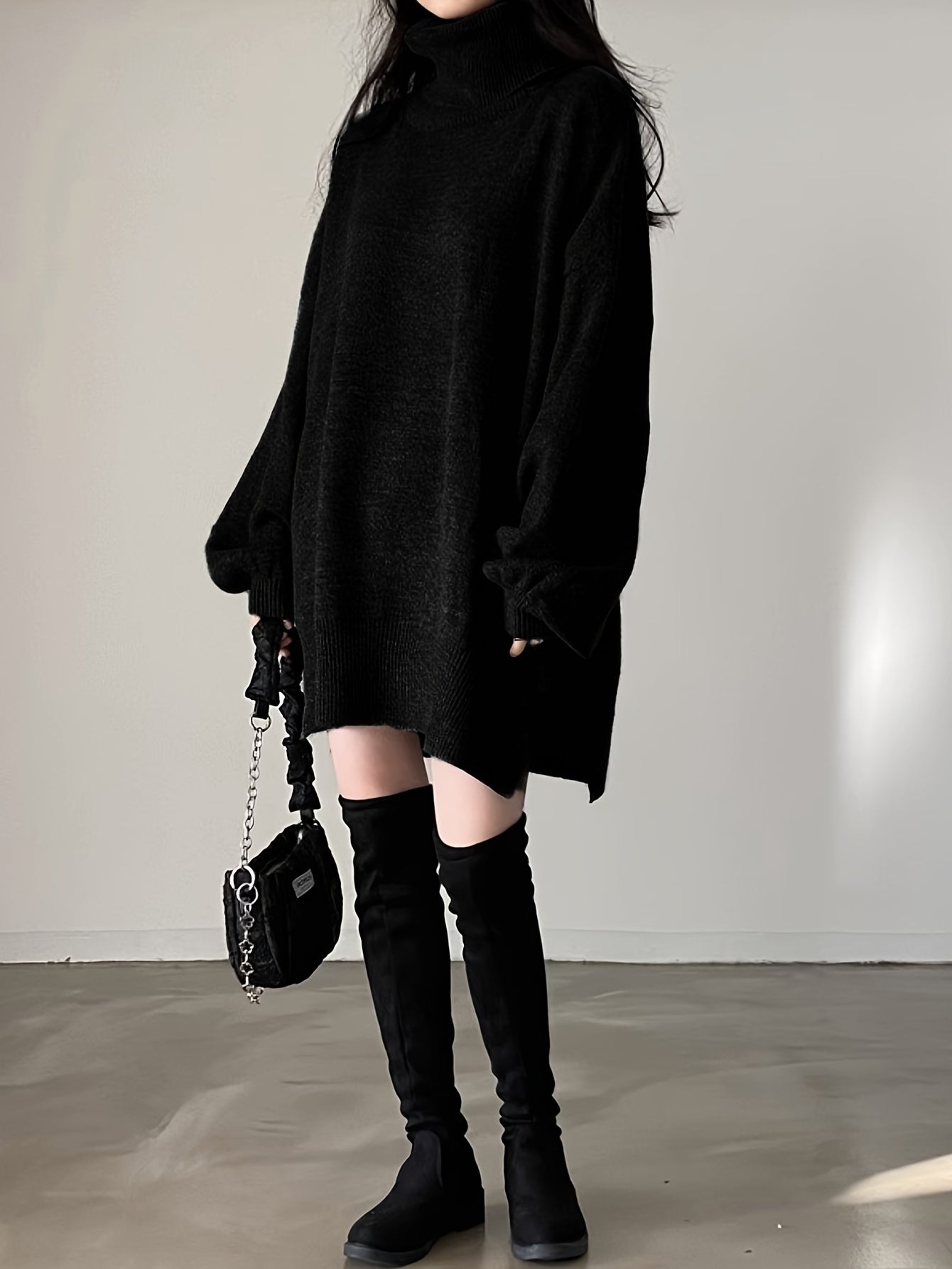vlovelaw Solid Turtle Neck Oversized Sweater, Casual Long Sleeve Split Sweater, Women's Clothing
