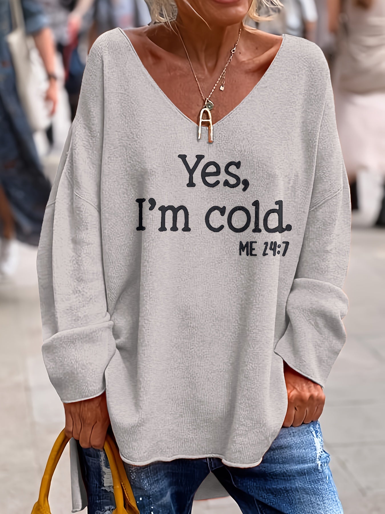 Letter Pattern V Neck Oversized Sweater, Casual Long Sleeve Rolled Trim Sweater, Women's Clothing