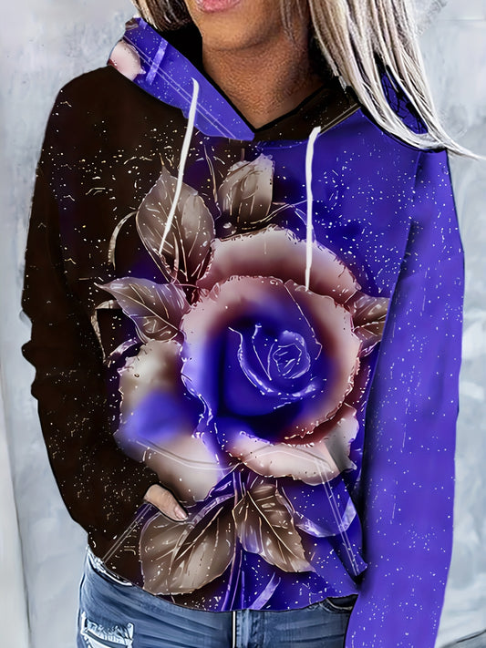 Floral Pattern Casual Hooded Sweatshirt, Long Sleeves Drawstring Sporty Hoodie, Women's Activewear