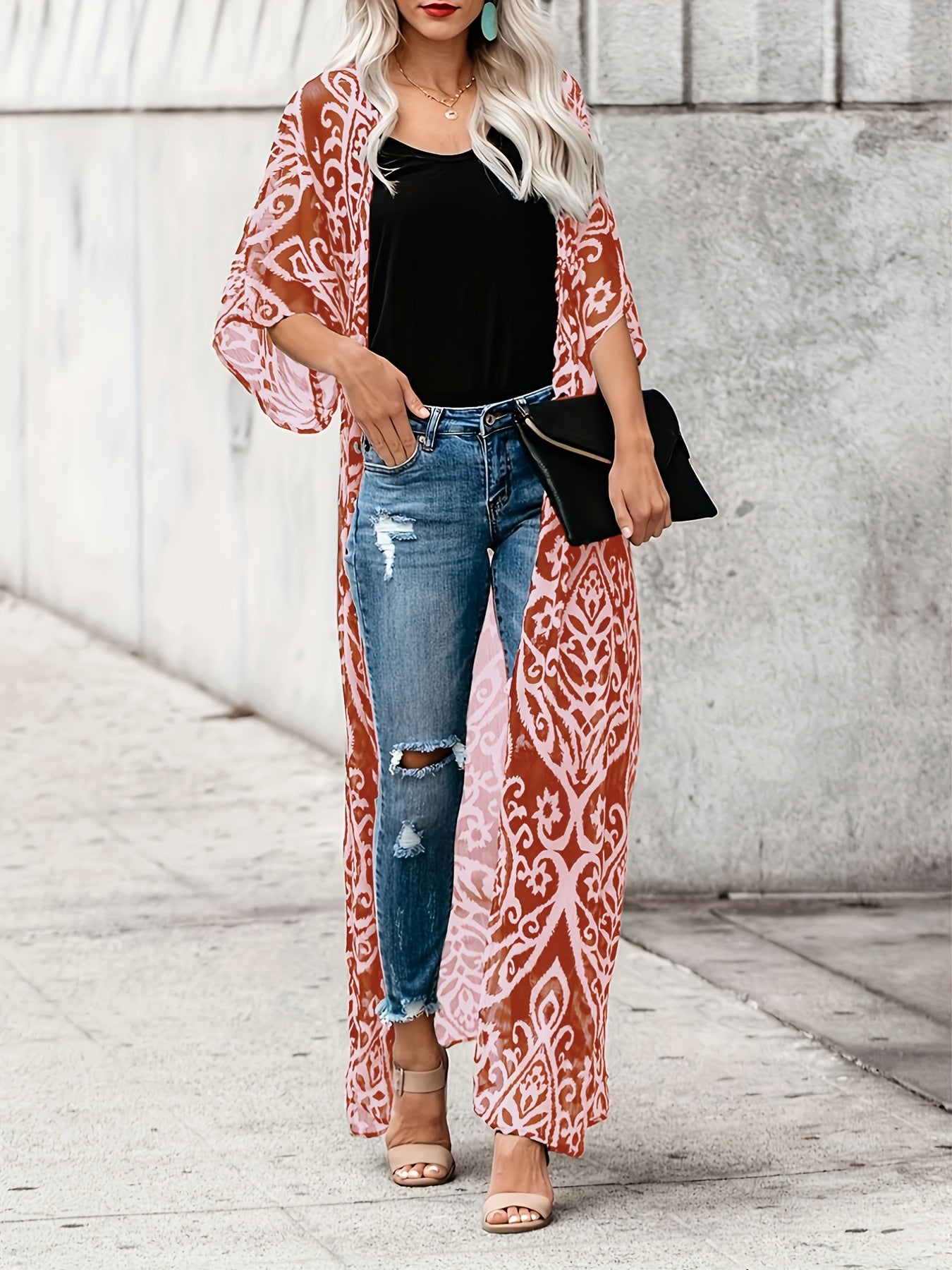 vlovelaw Graphic Print Open Front Kimono, Boho Cover Up Kimono For Spring & Summer, Women's Clothing