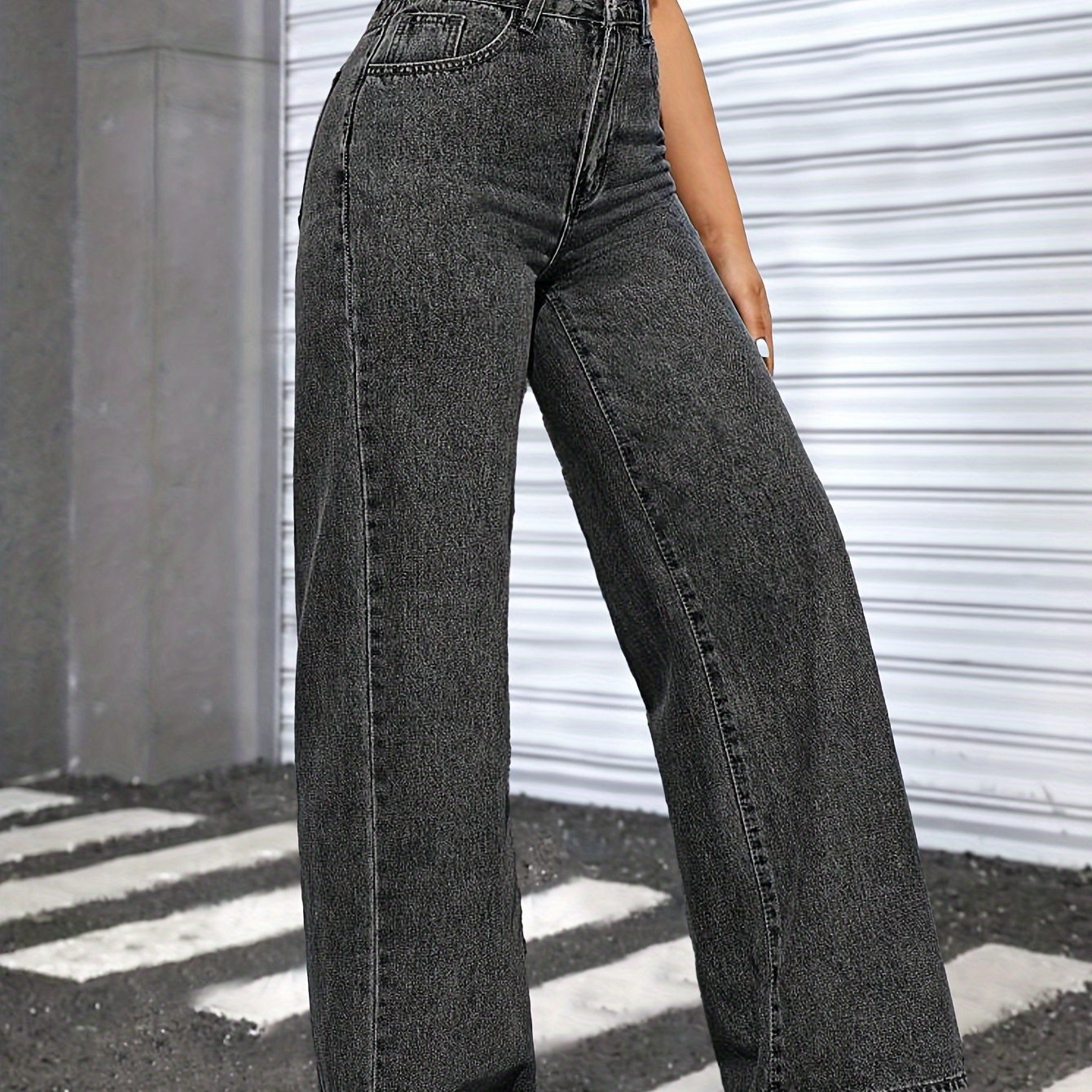Loose Fit Washed Baggy Jeans, Slant Pockets Non-Stretch Casual Wide Legs Jeans, Women's Denim Jeans & Clothing