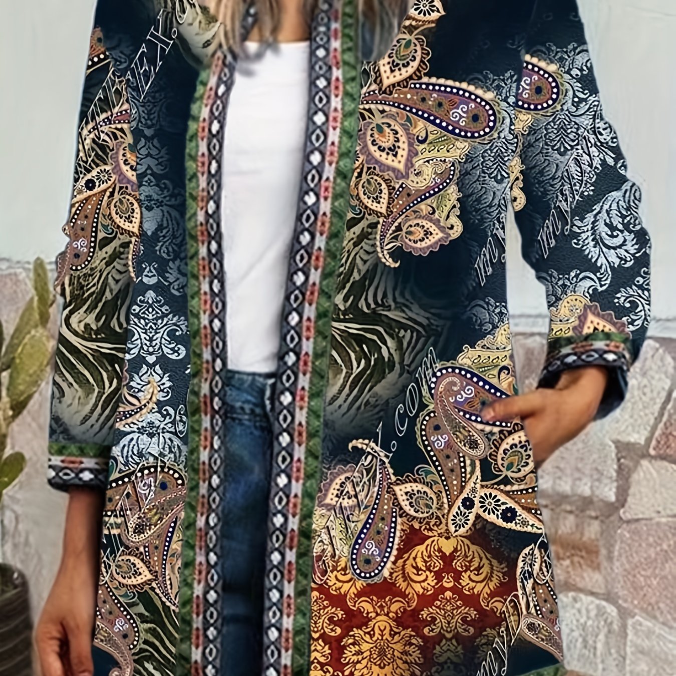 Ethnic Print Open Front Jacket, Vintage Long Sleeve Crew Neck Outerwear, Women's Clothing