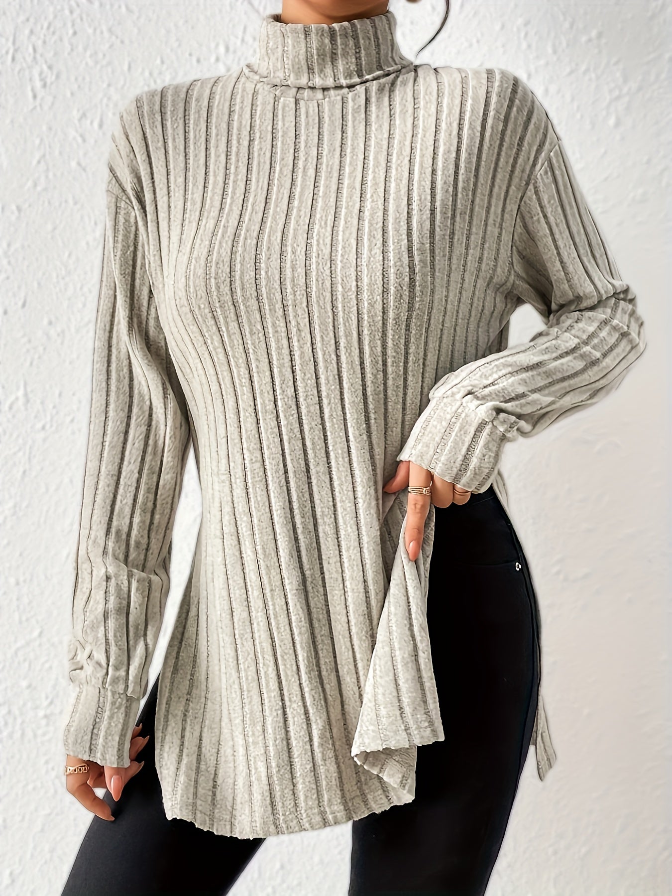 Ribbed Turtleneck Split Hem T-Shirt, Casual Long Sleeve Top For Spring & Fall, Women's Clothing
