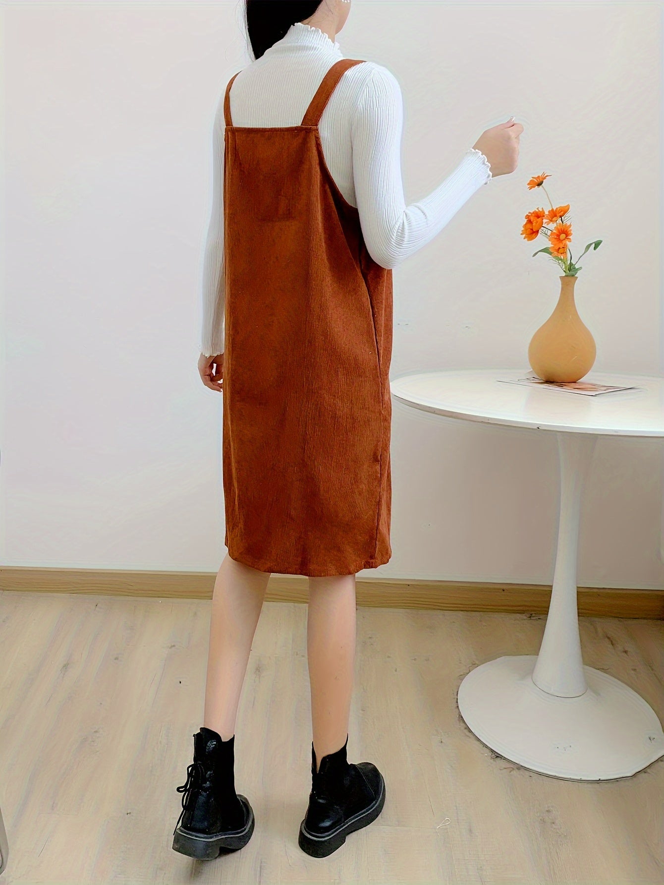 vlovelaw Button Front Solid Overall Dress, Casual V Neck Sleeveless Dress, Women's Clothing