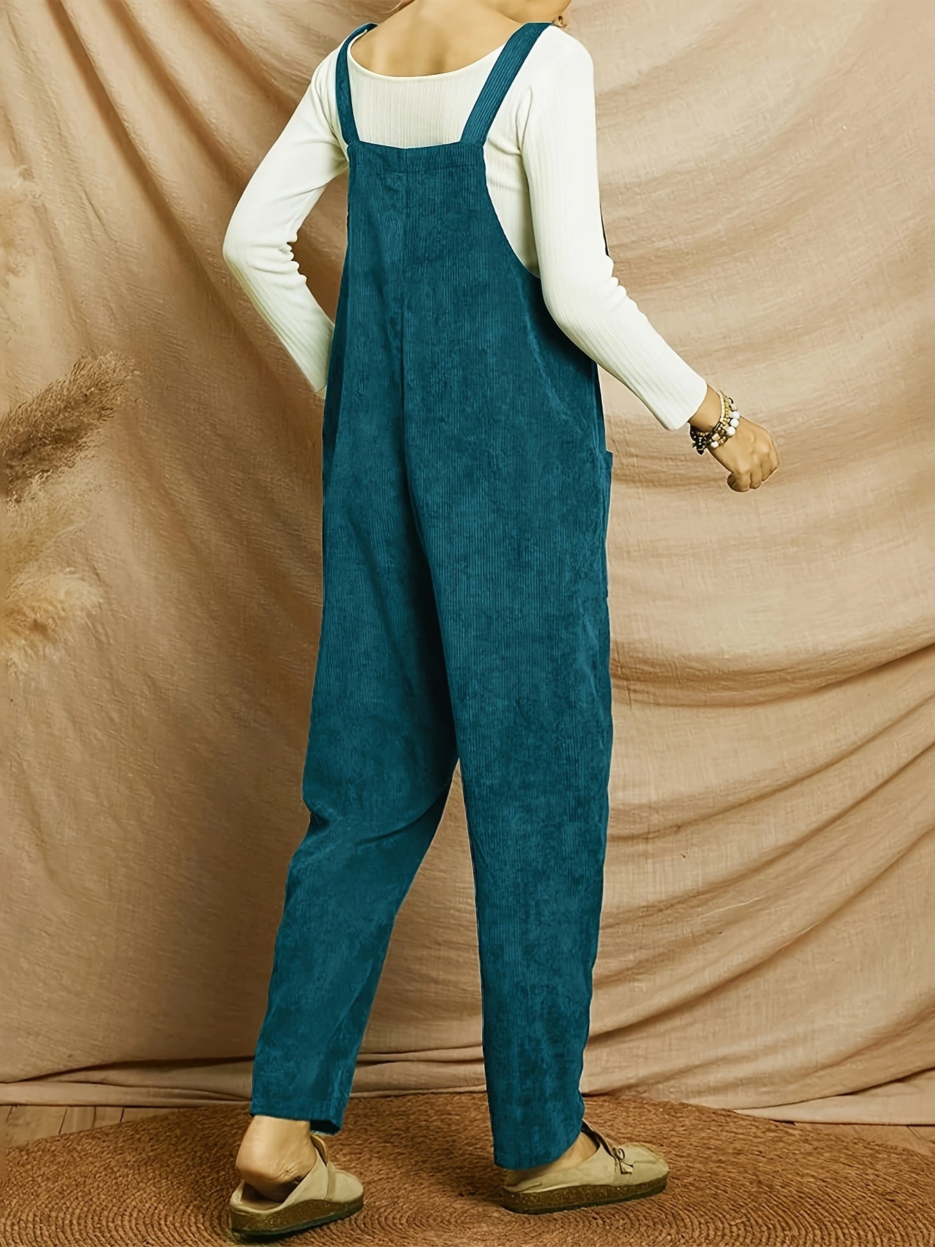 Solid Corduroy Overall Jumpsuit, Casual Patched Pockets Overall Jumpsuit For Spring & Fall, Women's Clothing