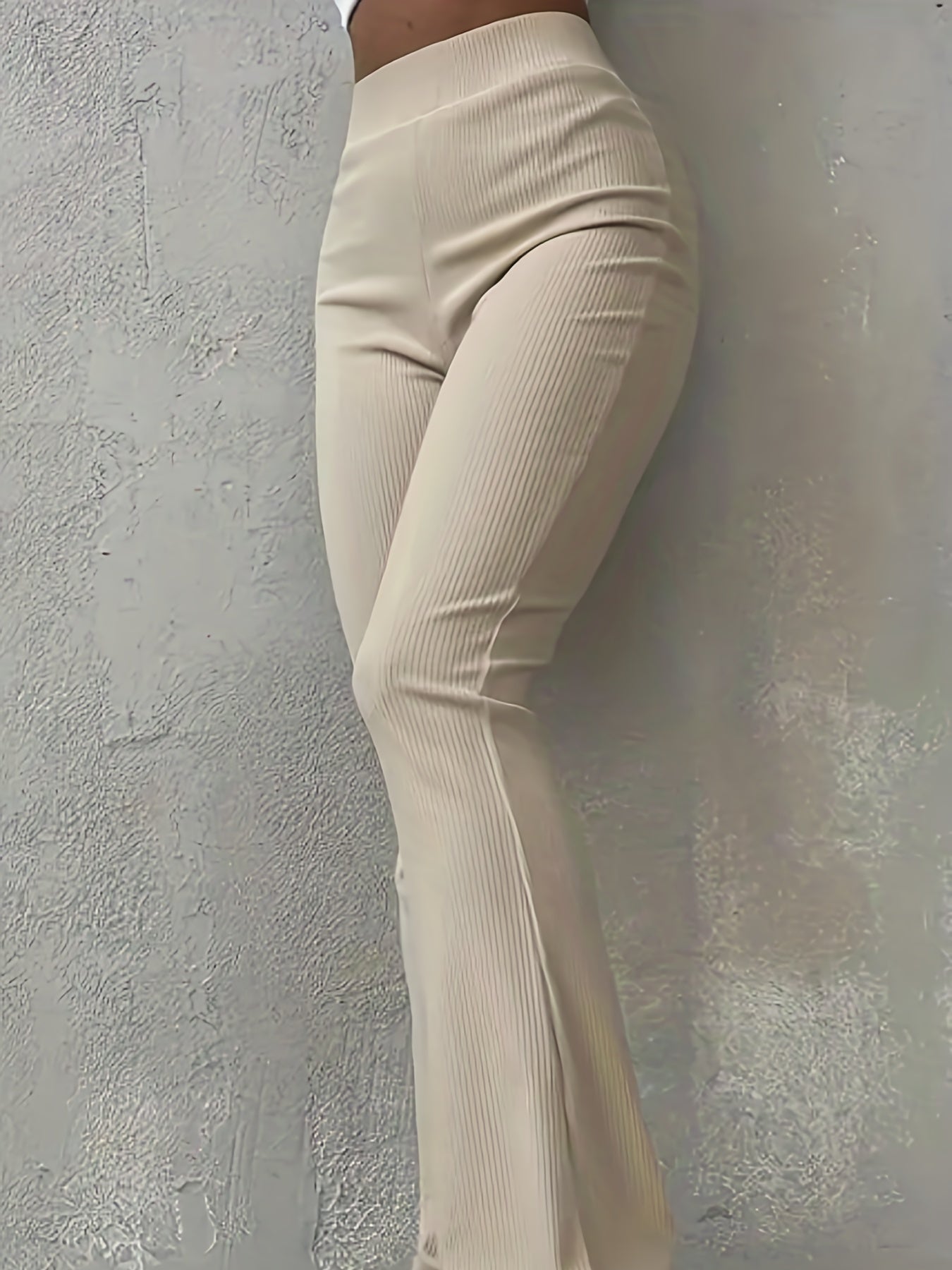 Solid Ribbed Flare Leg Pants, High Waist Slim Elastic Pants, Women's Clothing