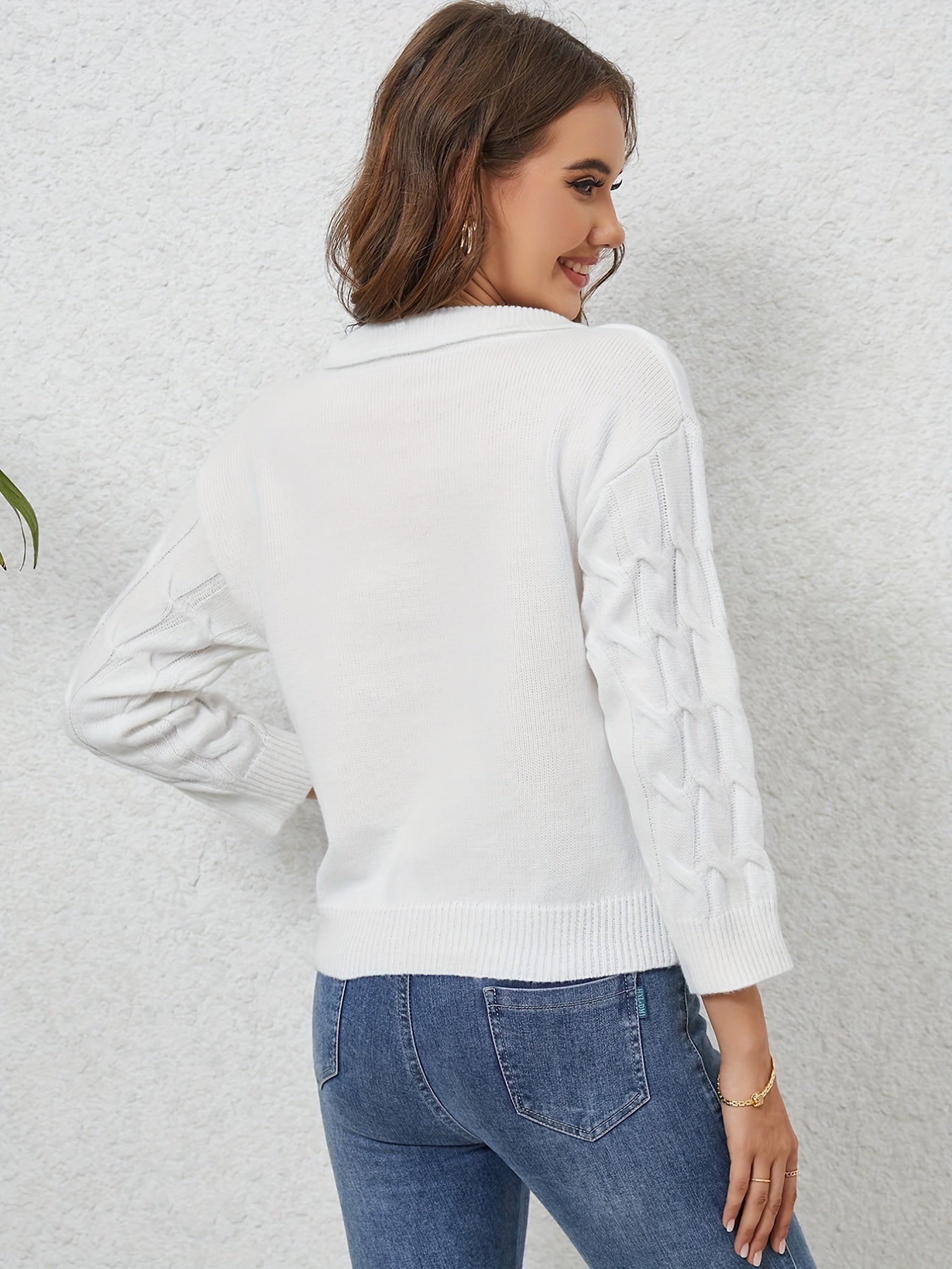 vlovelaw Solid Cable Knit Sweater, Casual V Neck 3/4 Sleeve Sweater, Women's Clothing