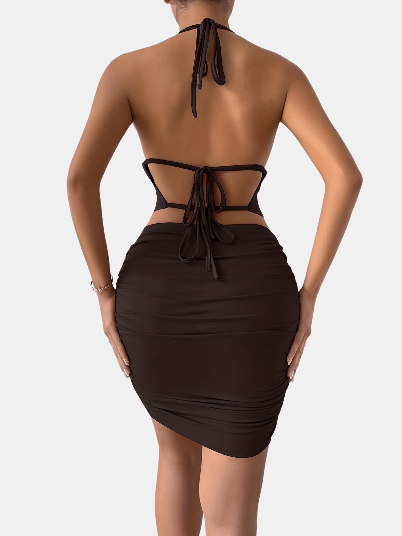 vlovelaw Sexy Solid Two-piece Skirt Set, Cowl Neck Crop Halter Top & Ruched Bodycon Skirt Outfits, Women's Clothing