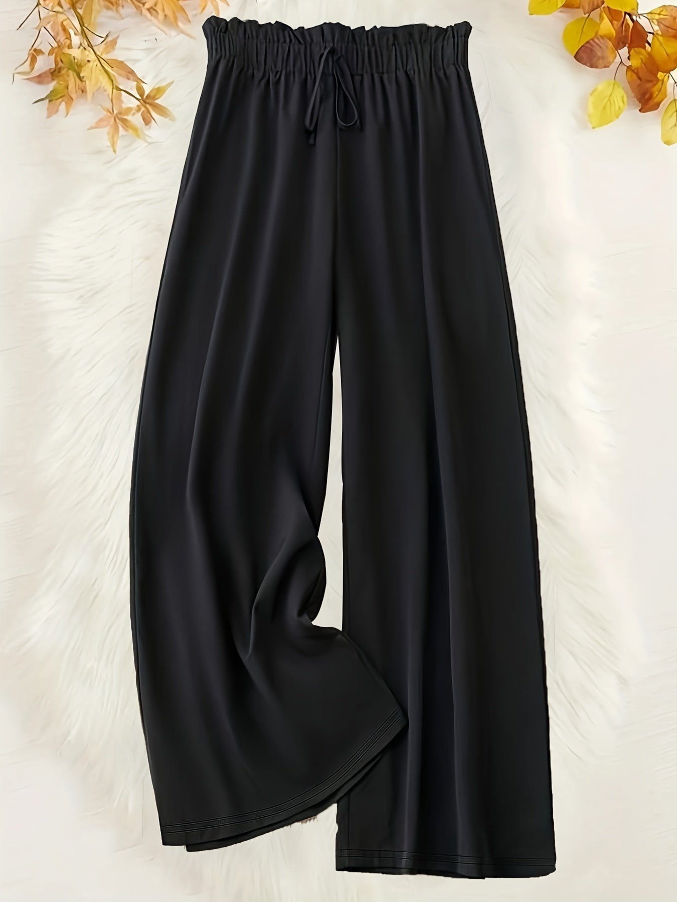 vlovelaw Plus Size Casual Pants, Women's Plus Solid Drawstring Waist Wide Leg Loose Trousers