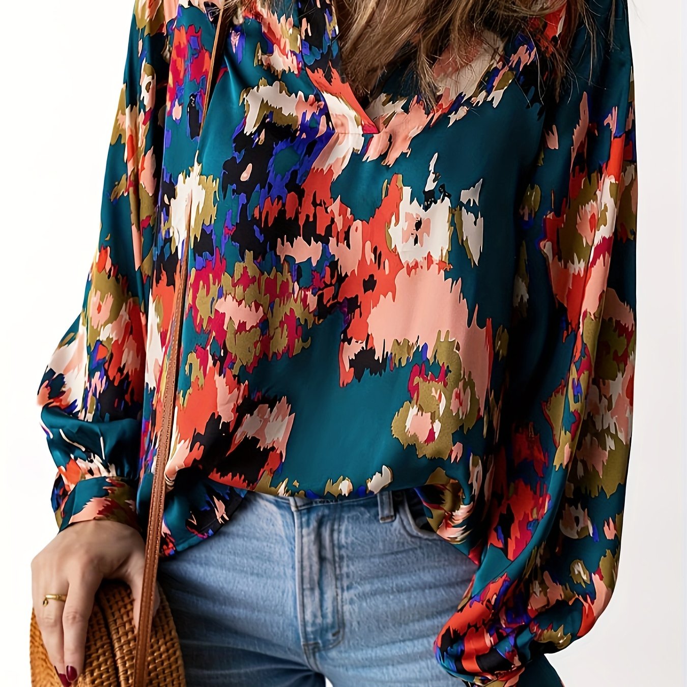 Allover Print V Neck Blouse, Casual Long Sleeve Stylish Blouse, Women's Clothing