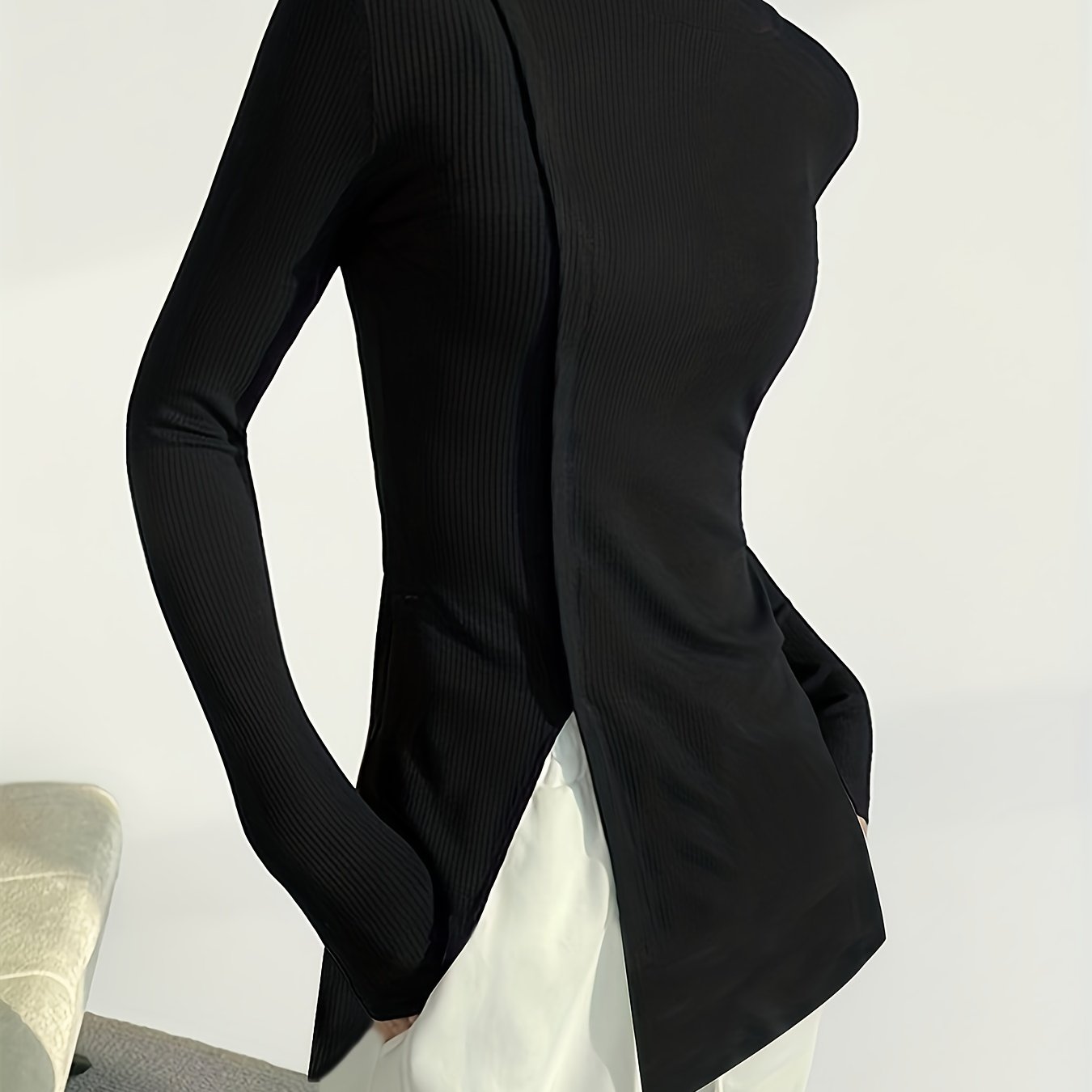 Solid Split Hem Mock Neck Top, Elegant Long Sleeve T-Shirt For Spring & Fall, Women's Clothing