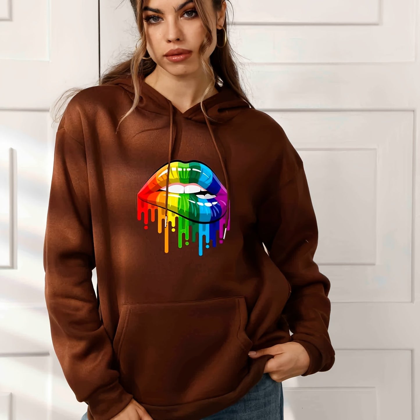 Rainbow Lip Print Casual Hoodies, Drawstring Long Sleeve Kangaroo Pocket Pullover Sweater, Women's Clothing